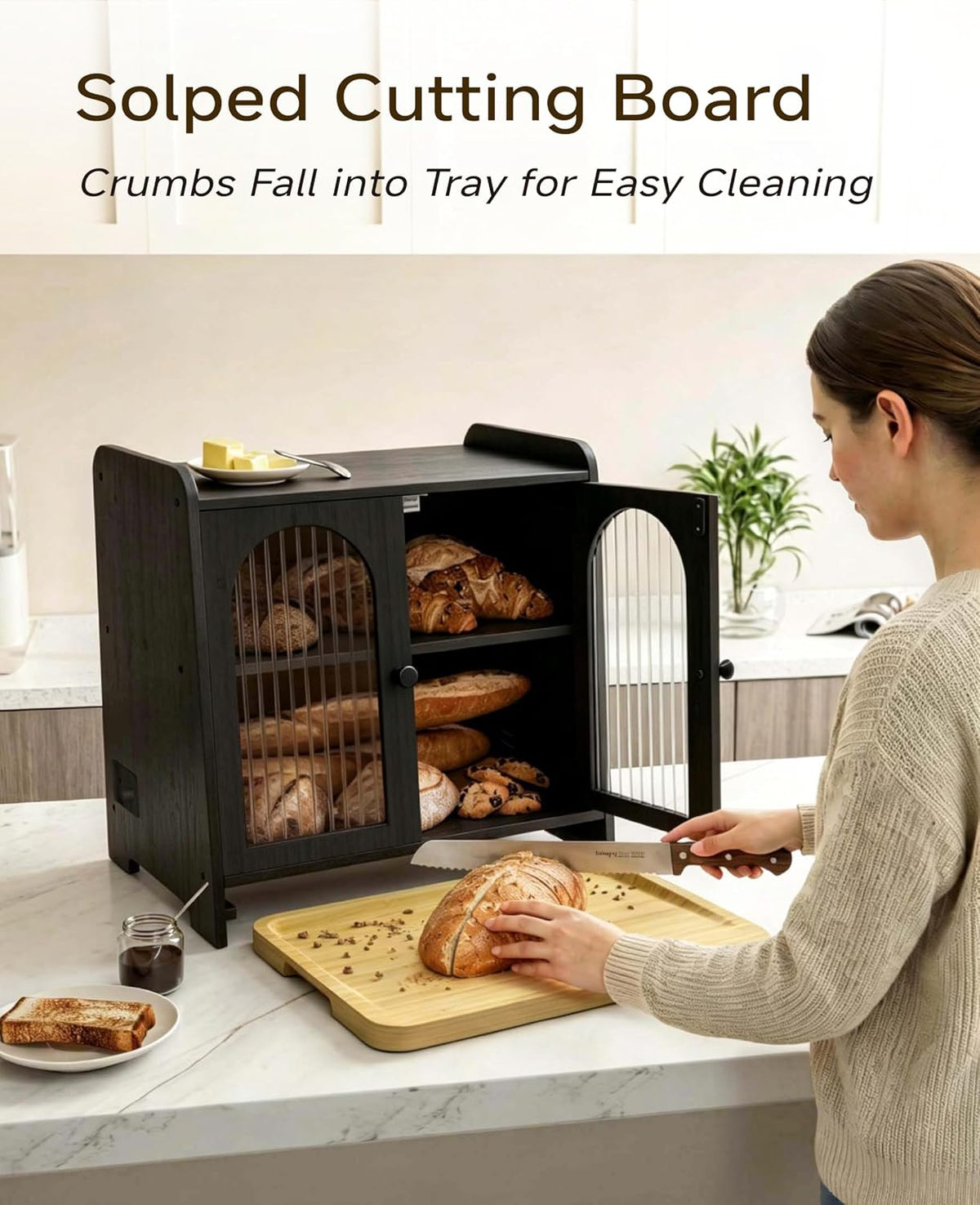 Bread Box for Kitchen Countertop, Large Double Layer Wooden Bread Storage Container with Acrylic Window, Adjustable Air