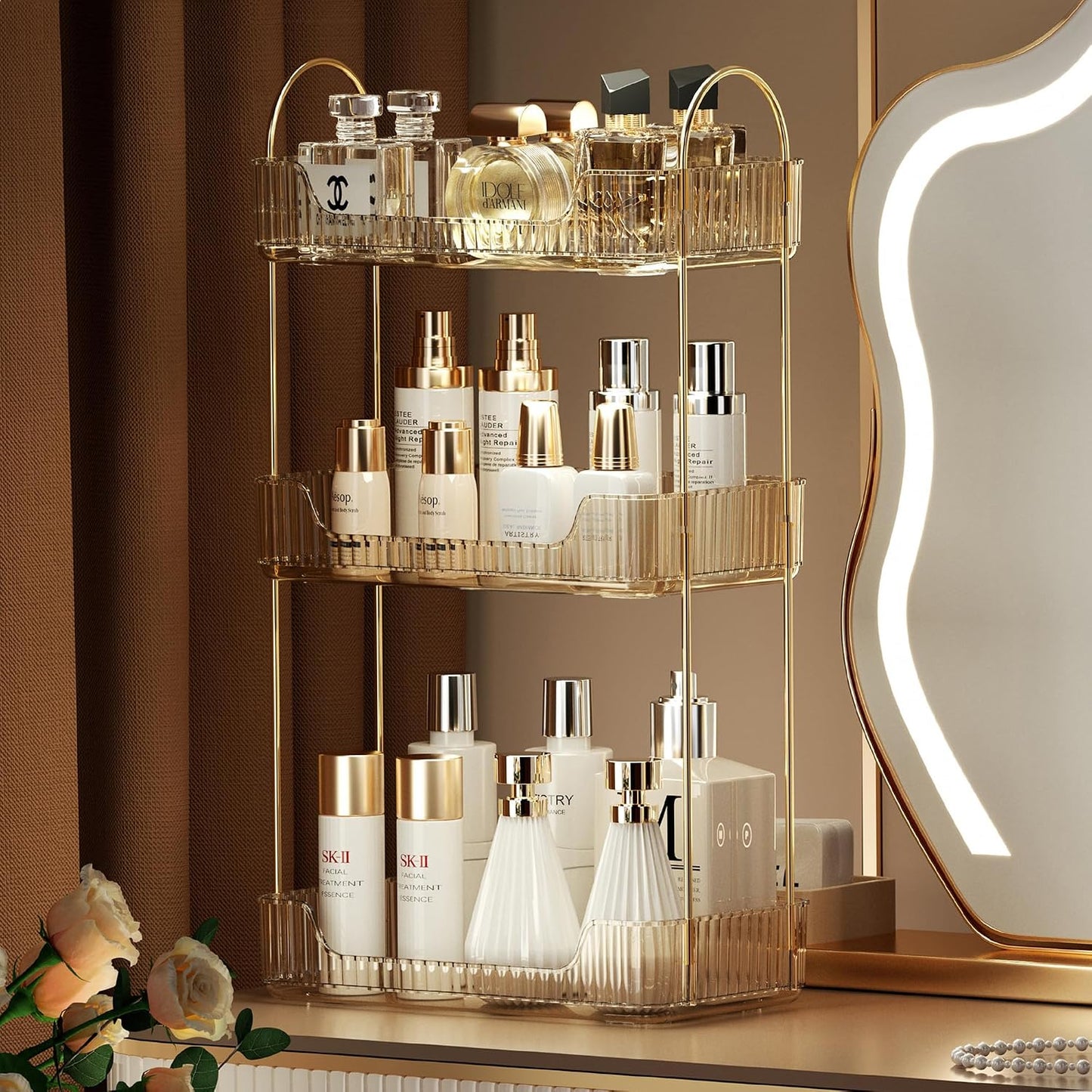 Akinbas 3 Tier Bathroom Organizer Countertop Makeup Perfume Tray Skincare Organizer for Bathroom Dresser Vanity (Gold)