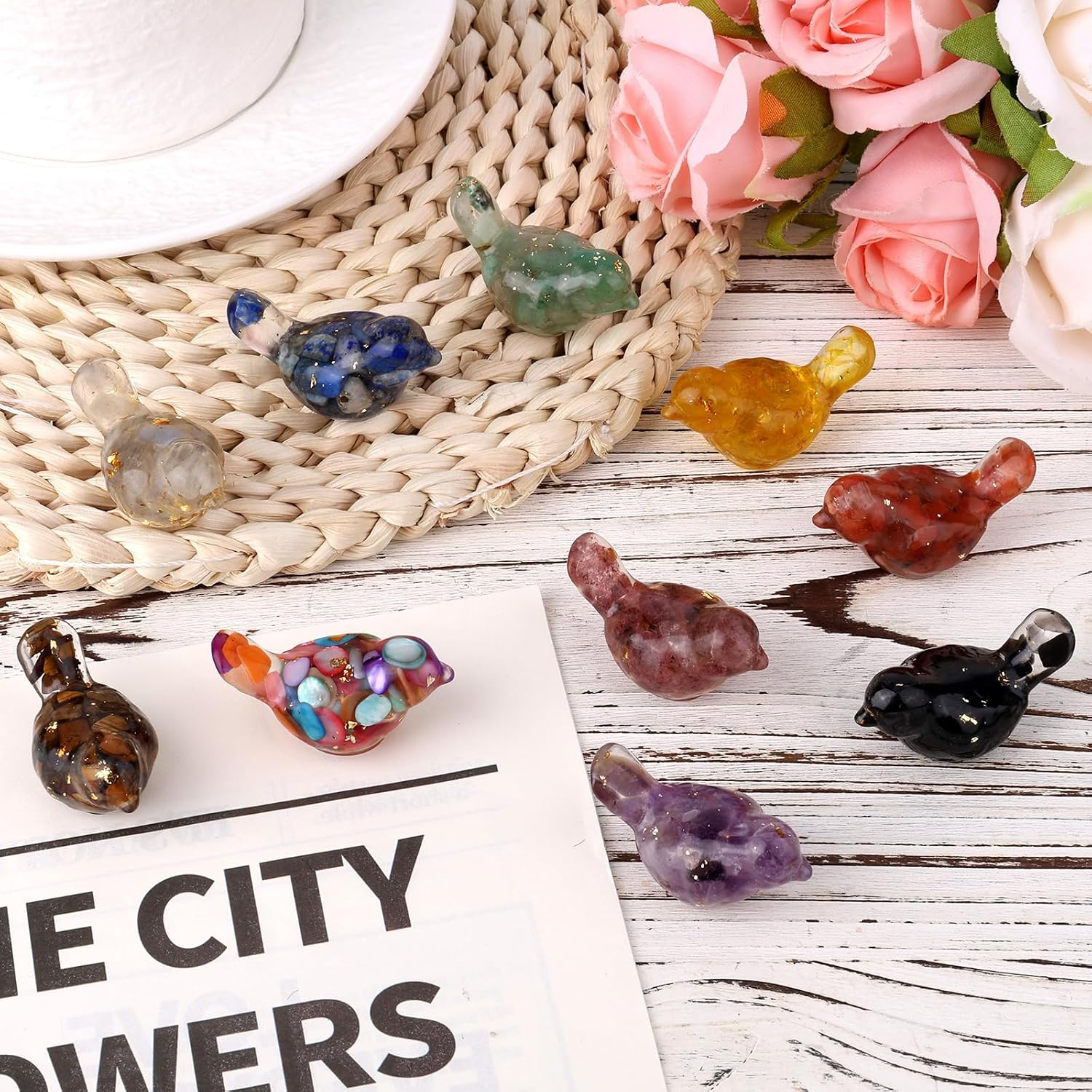 Crystal Gravel Bird Figurines / Set of 10