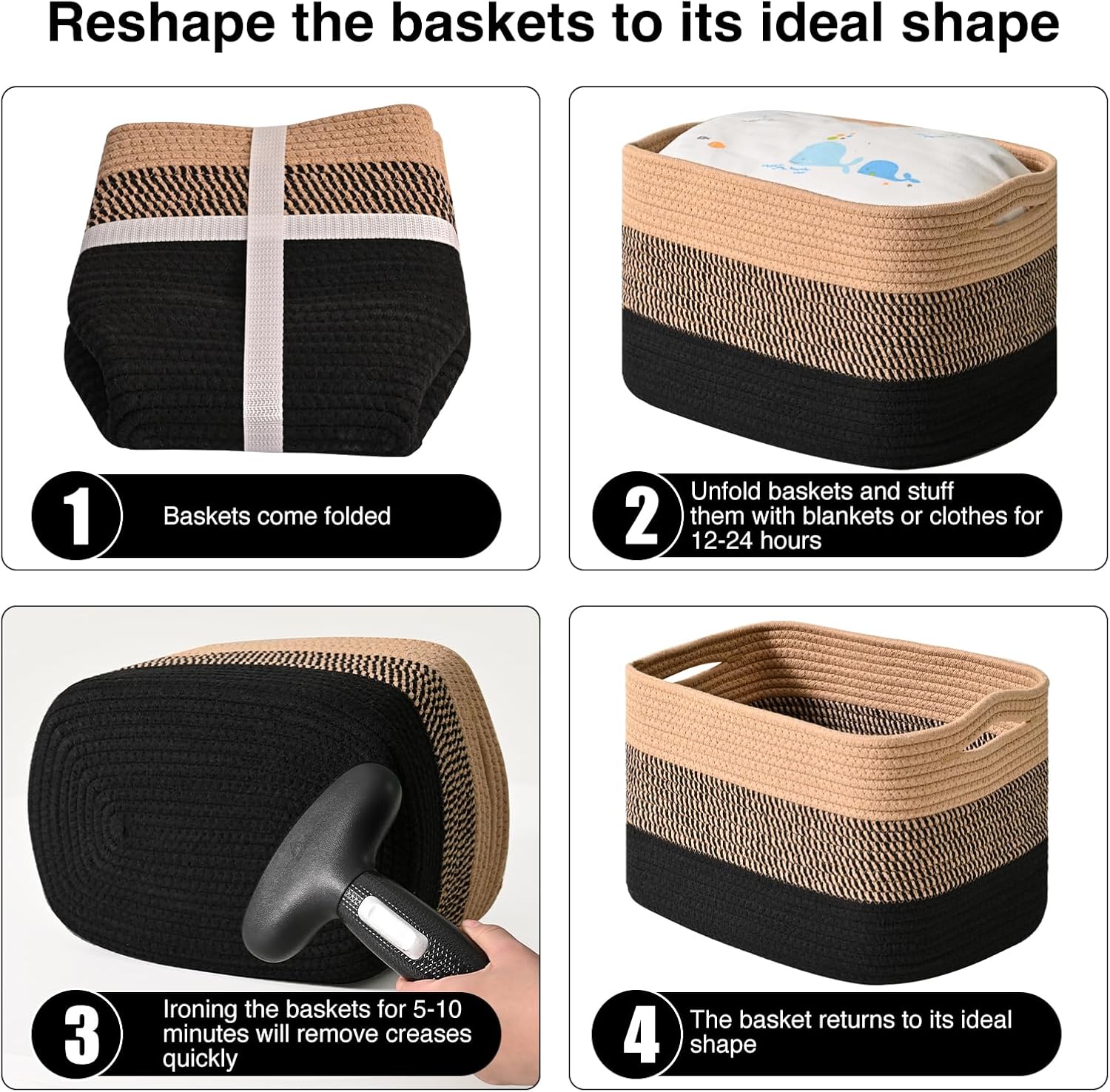 Woven Cotton Rope Baskets for Storage / Gradient Black & Jute