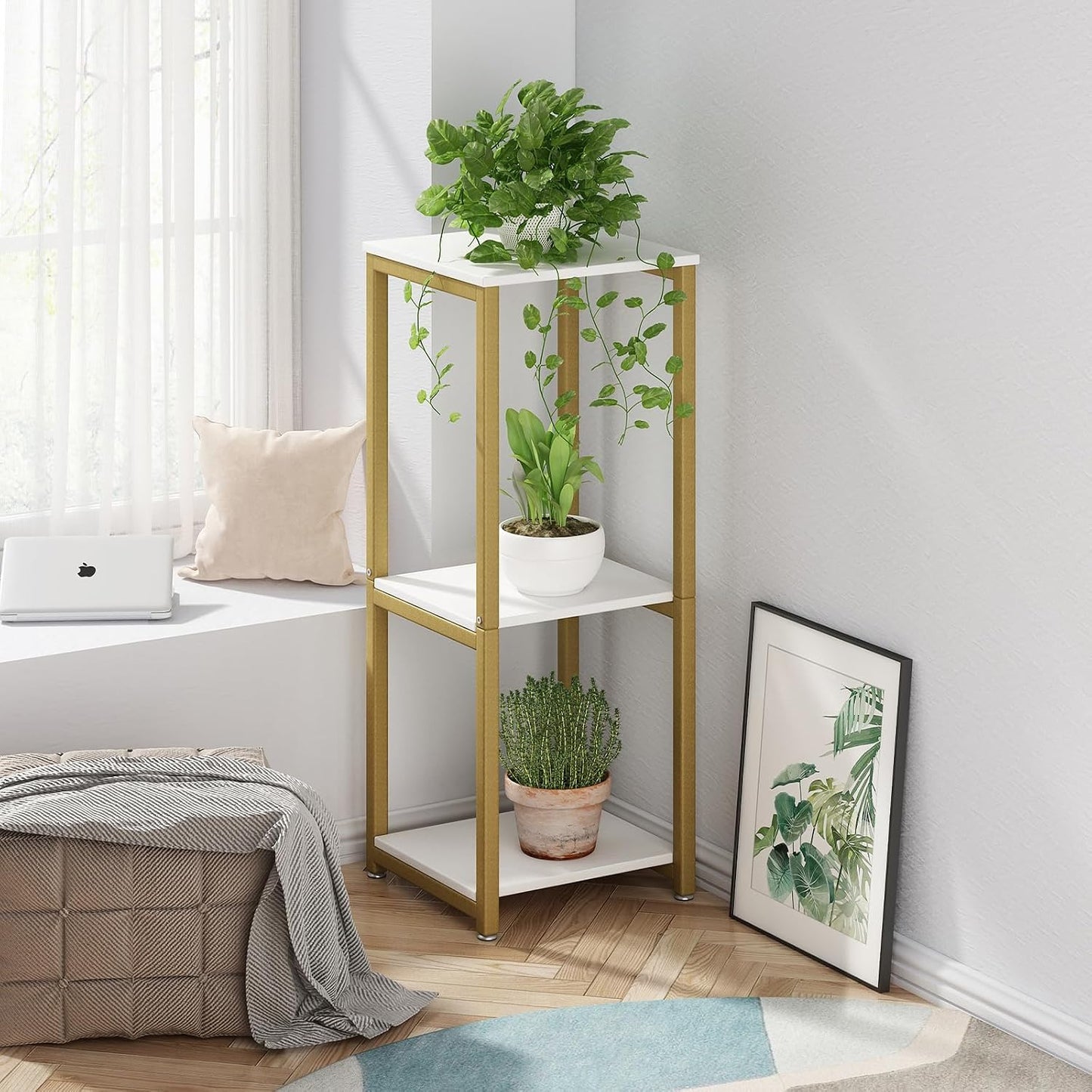 3 Tier Plant Stand Indoor Corner Tall Square Shape Plant Shelf | Modern Metal MDF board Flower Storage,Suitable tight