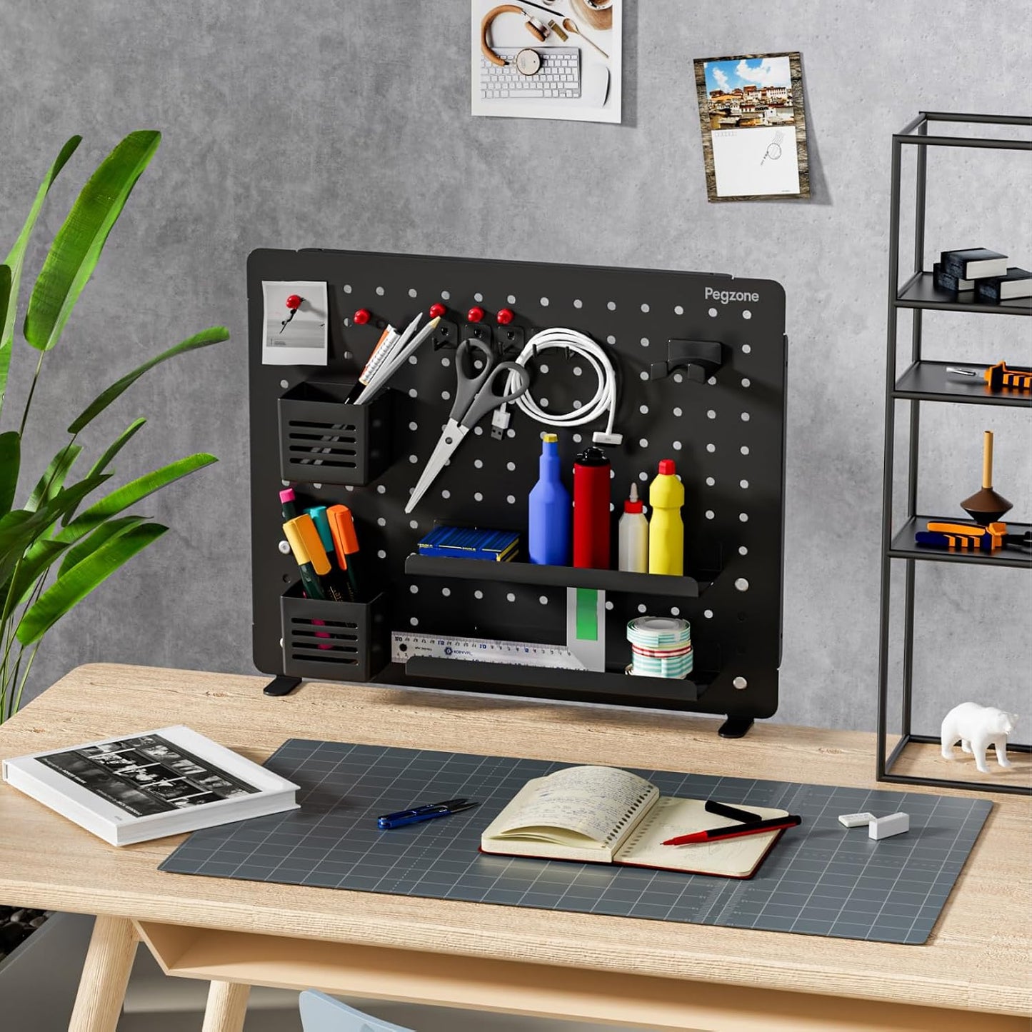 Clamp on Desk Pegboard, 20.4" x 16.5", with 15 Accessories, Black | Magnetic Metal Peg Board, Desk Organizer for Office
