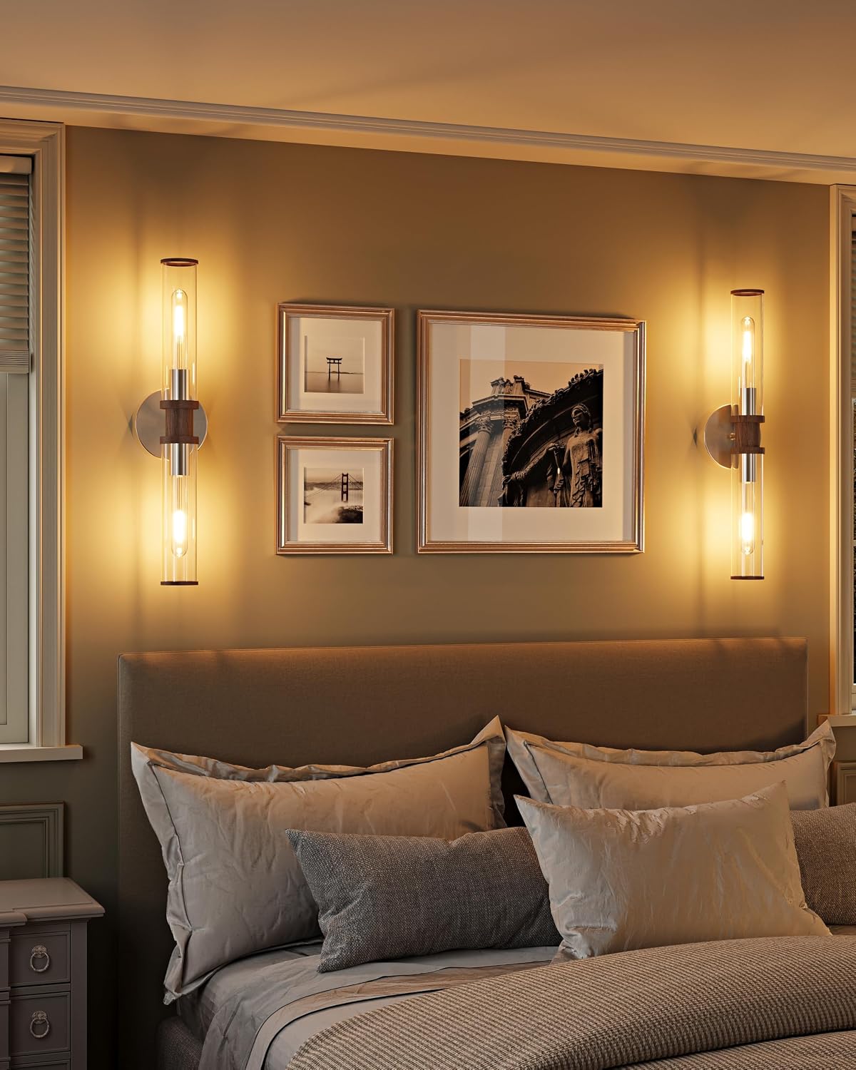 Rayogale Nickel & Walnut Wireless Battery Operated Wall Sconces with Remote | Glass Rechargeable Wall Lights Set of 2