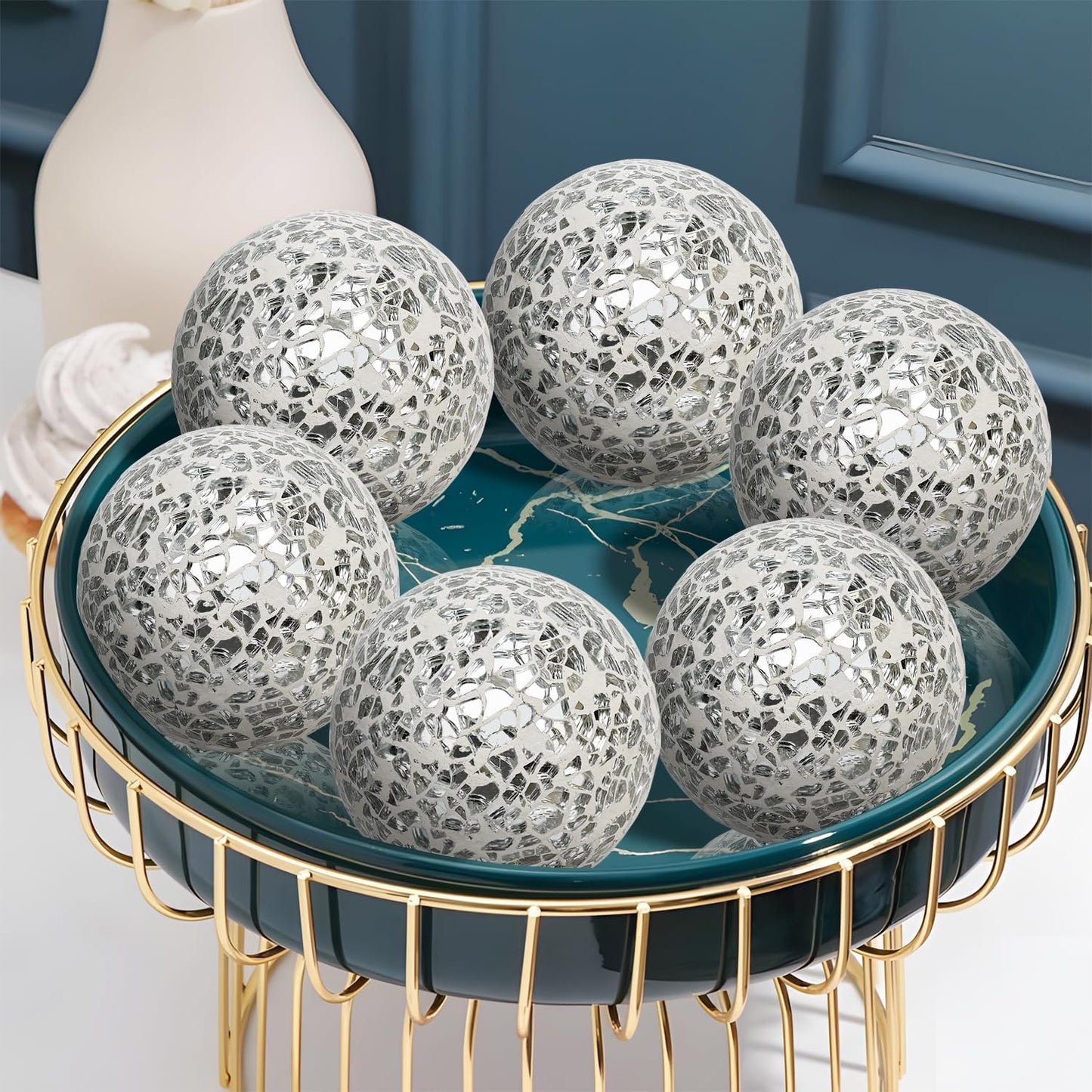 Decorative Balls Set / 6cm Small Mosaic Spheres Glass Orbs / Silver White / 2.4 Inch / Set of 6