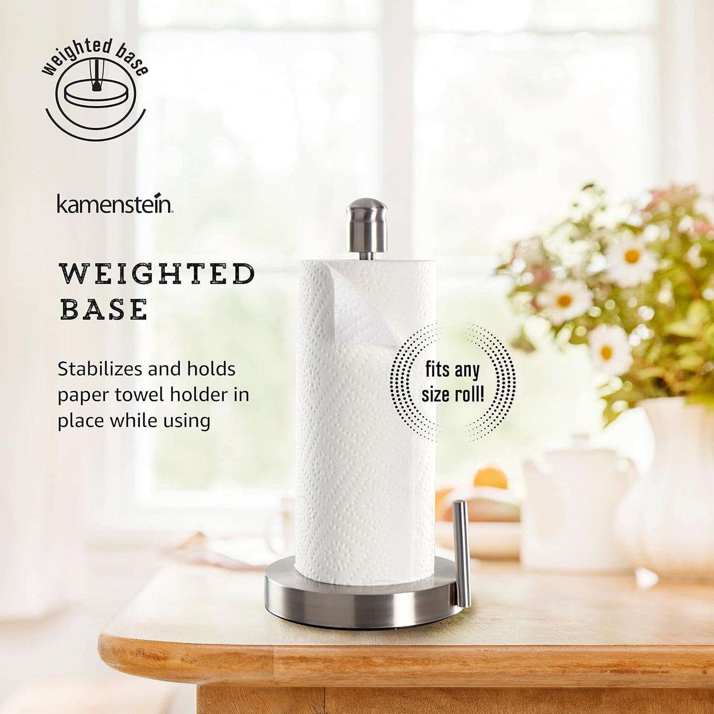 Kamenstein Paper Towel Holder Countertop with Patented Perfect Tear Technology - Brushed Stainless Steel, Weighted