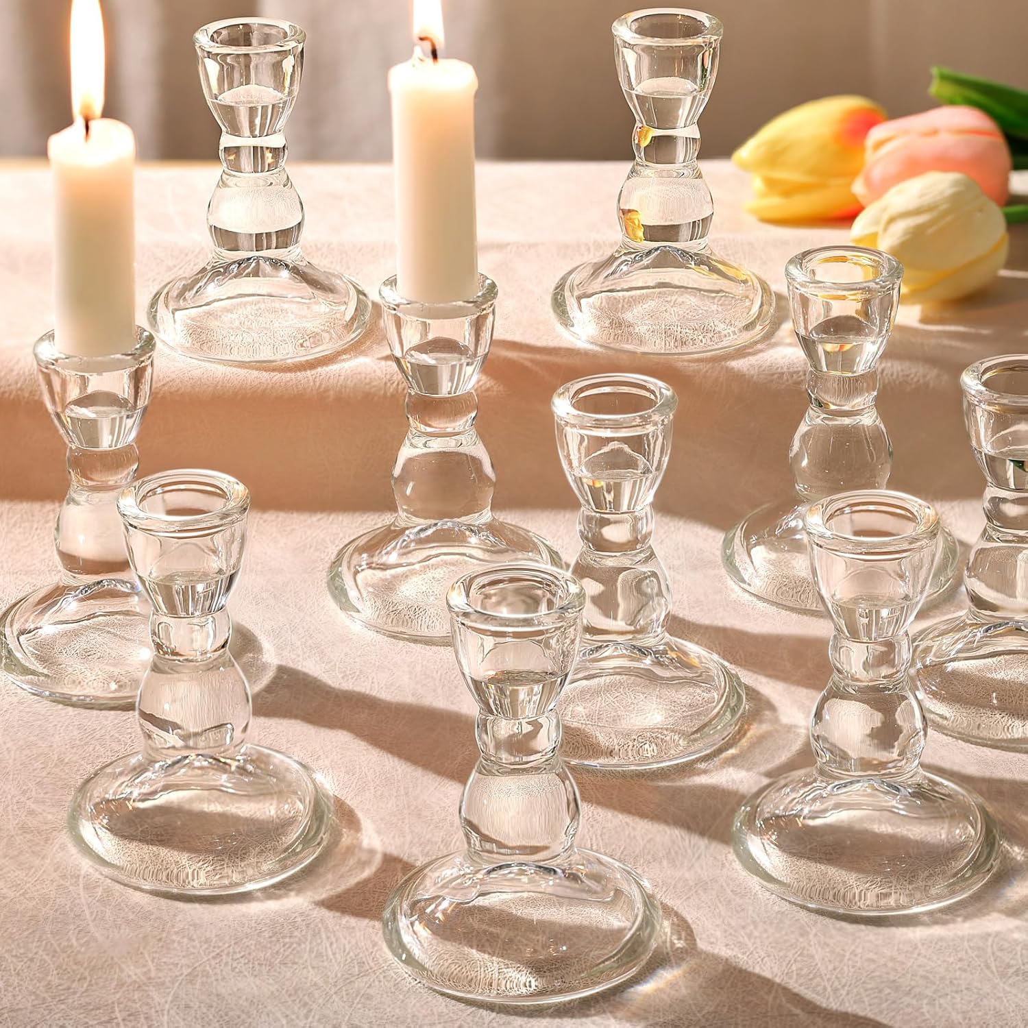 Lanttu 24 Pcs Candlestick Holders Bulk 3.55''x2.56'' Taper Candle Holders | Glass Candle Holders Set for Wedding Table