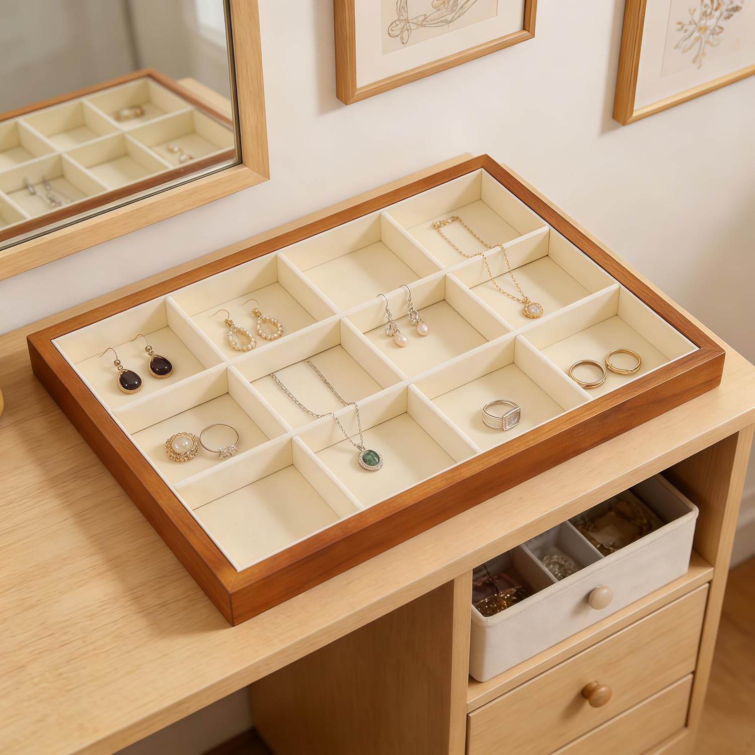 Wood Flat Jewelry Tray 12 Grid Display Wood / Old Lace / Bracelet Tray-w 9.45" x H 1.18"x L 13.78