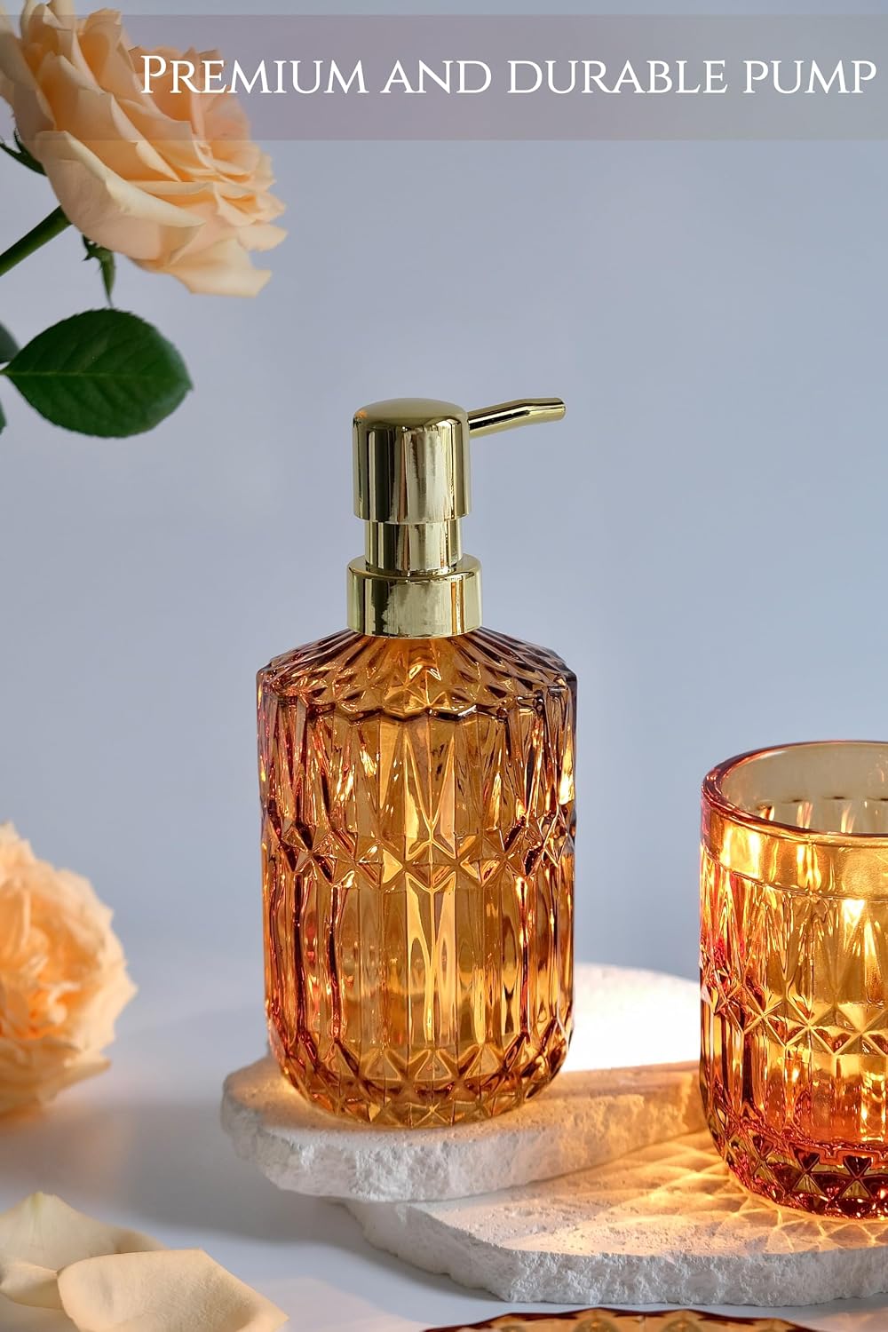 LaMarriti Amber Bathroom Accessories Set, 5Pcs Clear Glass Bathroom Set | Toothbrush Holder Set, Soap Dispenser, Soap