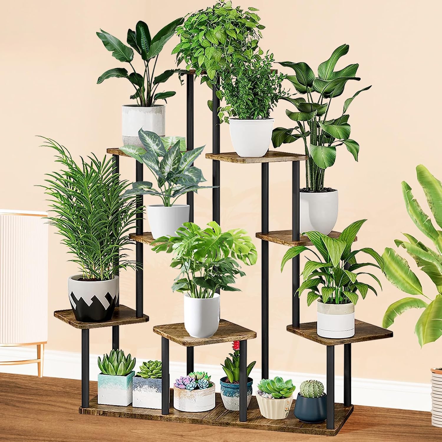 9 Tier Plant Stand Indoor, Thickened Metal Wood Corner Plant Shelf Stands for Multiple Plants, Indoor Tall Plants Stand