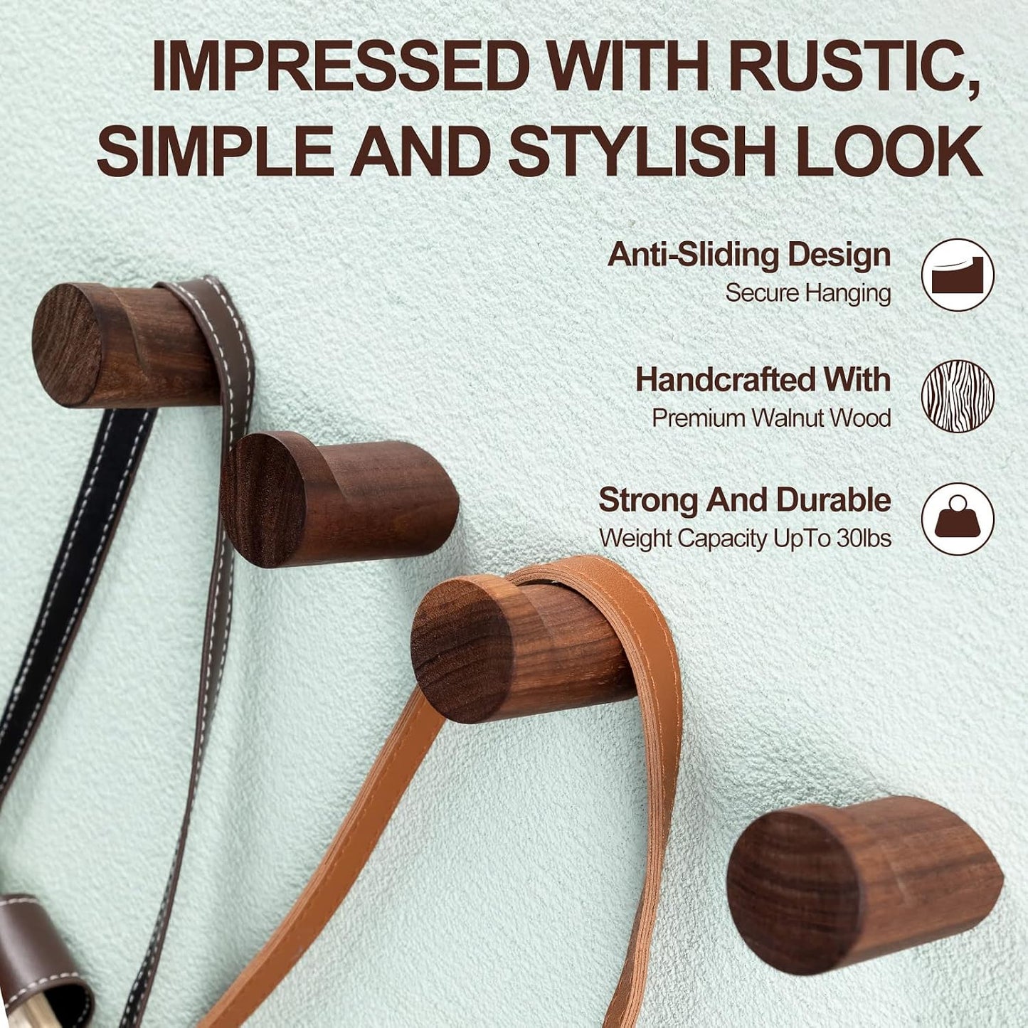 Walnut Wood Wall Hooks Wooden Coat Hooks Wall Mounted Handmade Rustic / Natural / Set of 12
