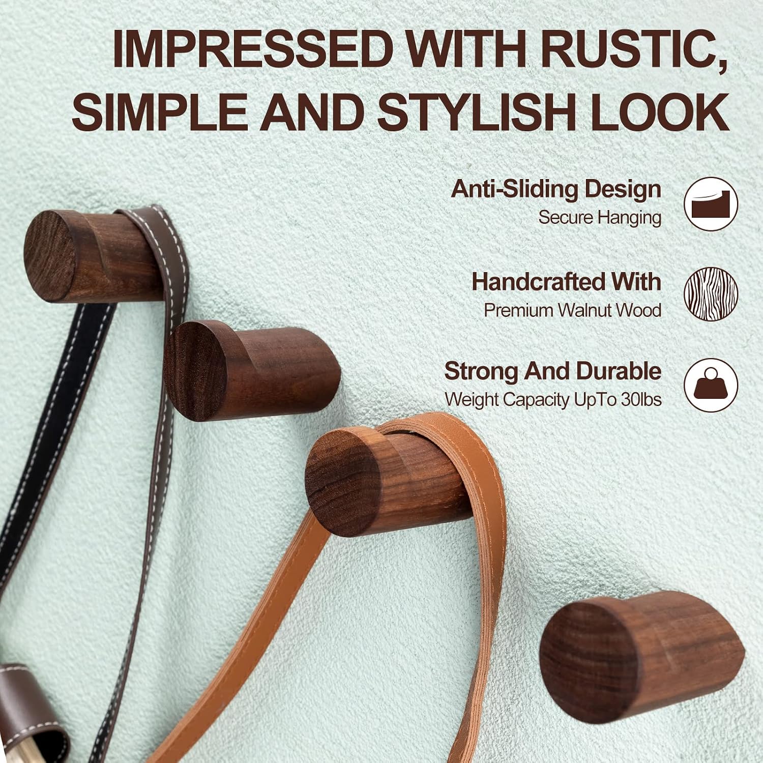 Walnut Wood Wall Hooks Wooden Coat Hooks Wall Mounted Handmade Rustic / Natural / Set of 12