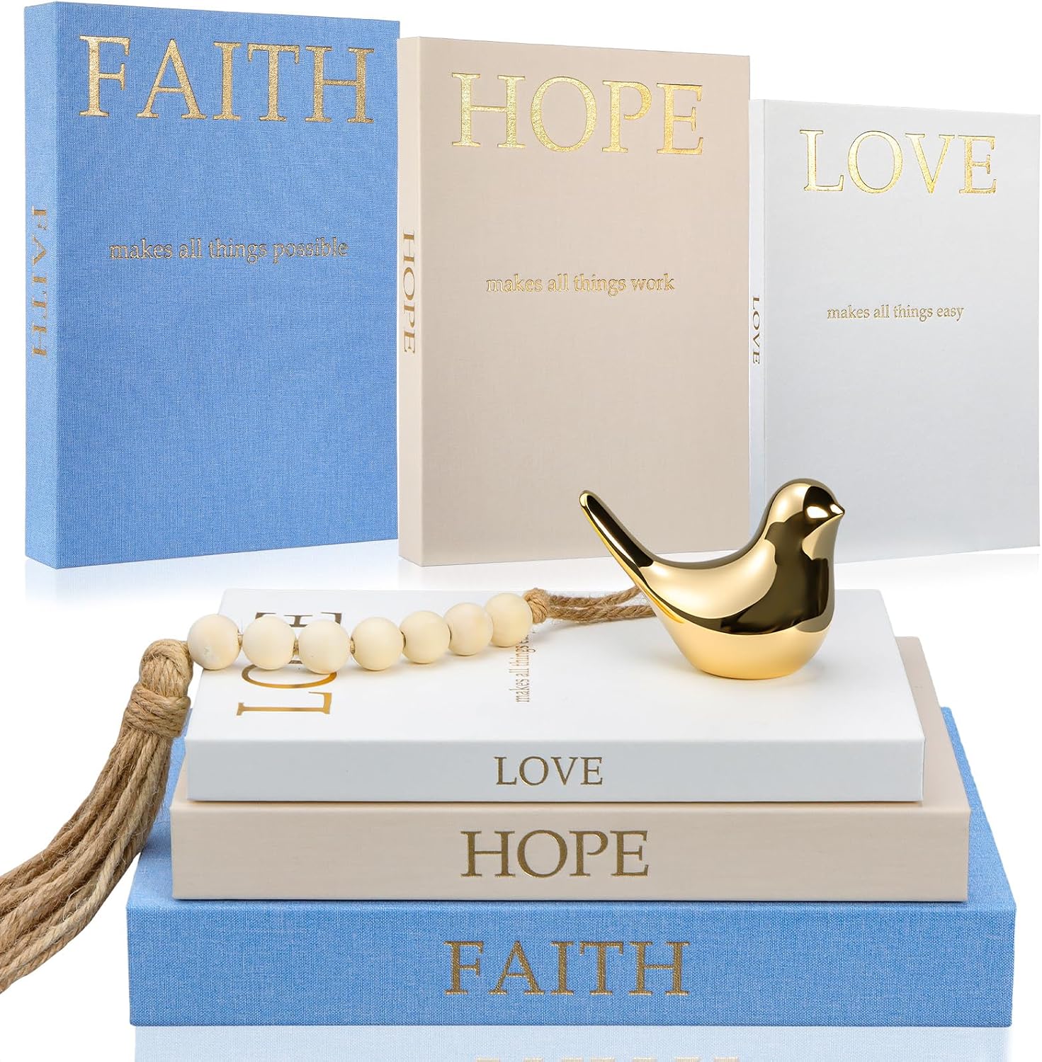 Linen Decorative Books Set Includes Bird and Wooden Beaded Tassel / Soft Colors / Gold / Set of 3
