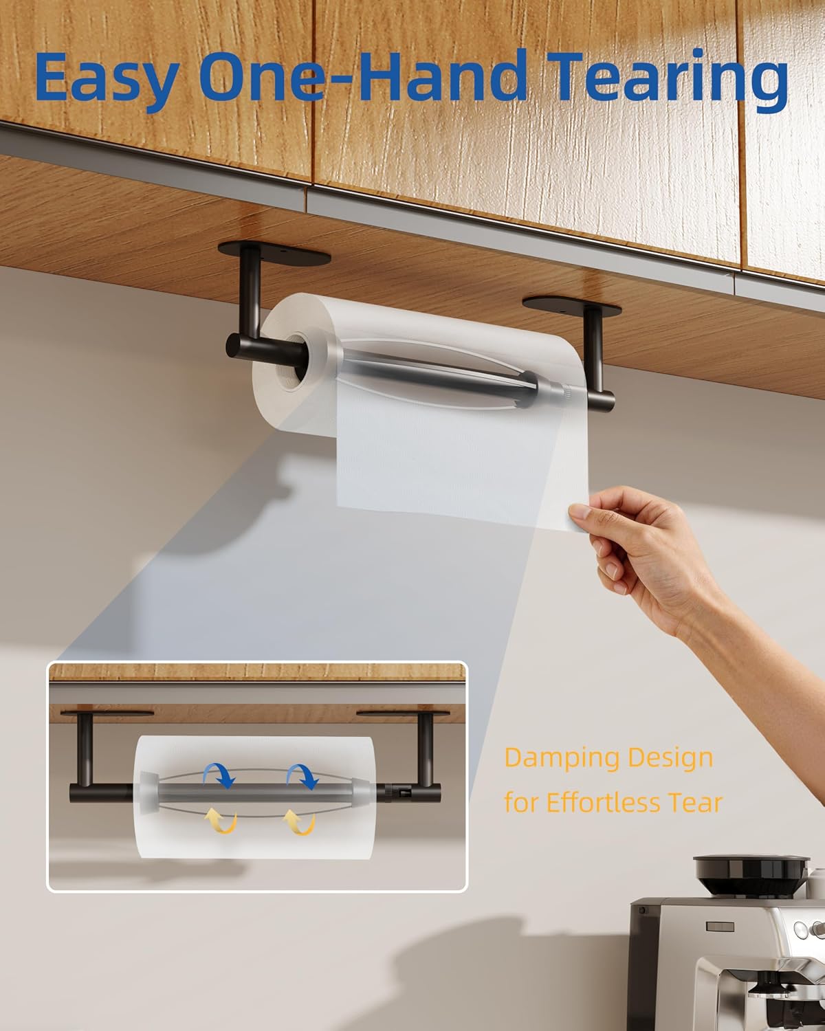 RUACQ Paper Towel Holder Under Cabinet, One Hand Tearing, Matte Black | Damping Effect, Drill Wall Mount & Adhesive