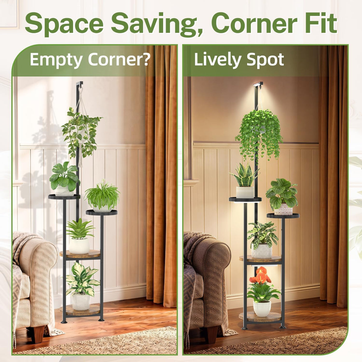 iDavosic.ly Hanging Plant Stand with Grow Light Indoor, 4 Tier, Black Brown | Tall Vertical Corner Metal Flower Shelf