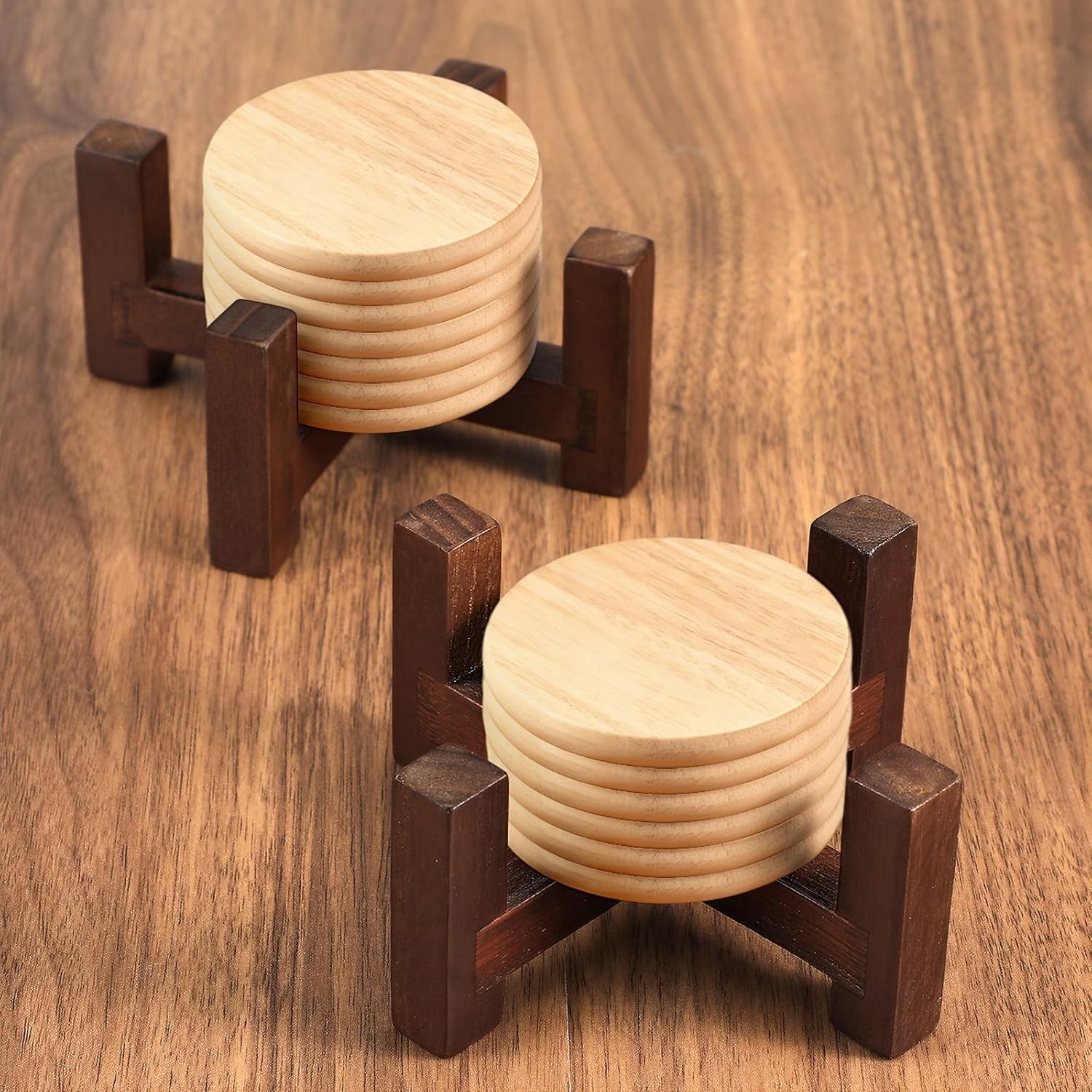 Solid Wood Coaster Holder for Round or Square 4 / Rustic Brown / 5.13 x 5.13 x 2.25 / Set of 2