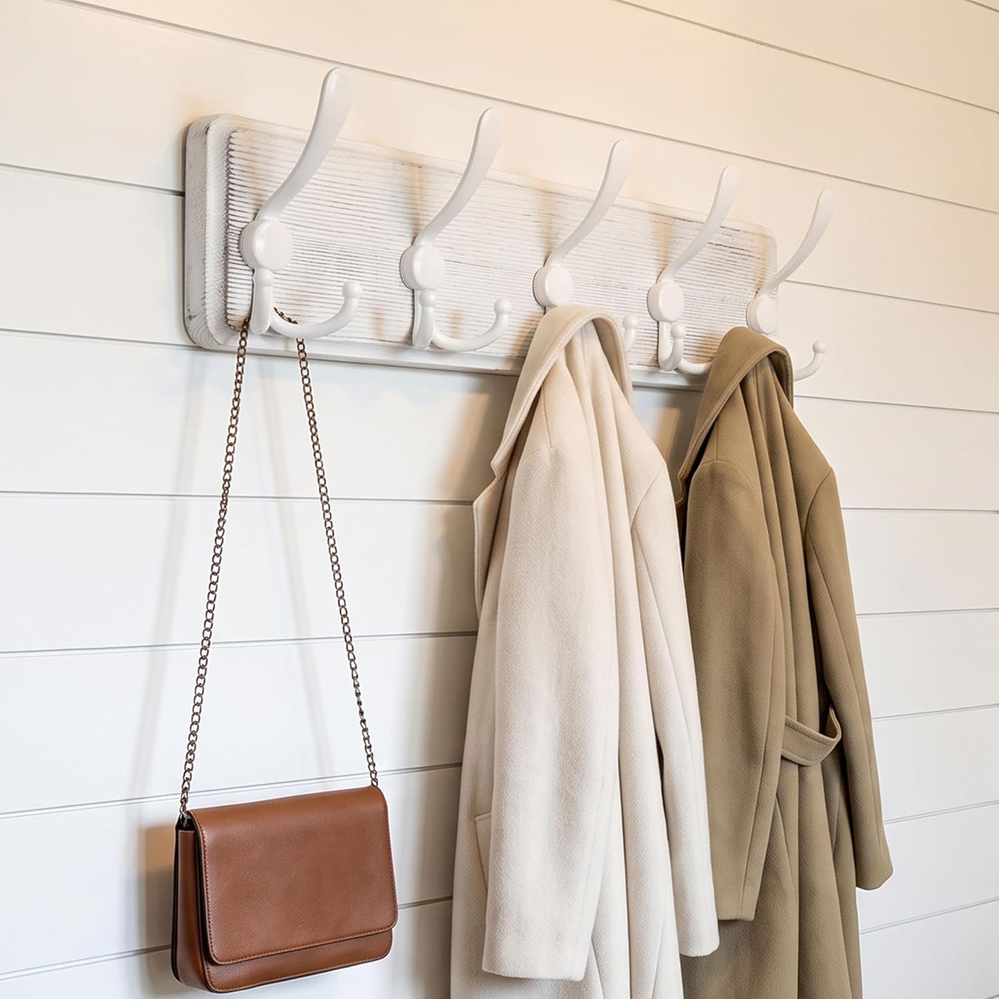 WEBI Coat Rack Wall Mounted,Wood Coat Hooks Wall Mount,16" Hole to Hole,Large Coat Hanger Wall Hook Rack,5 Triple Hooks