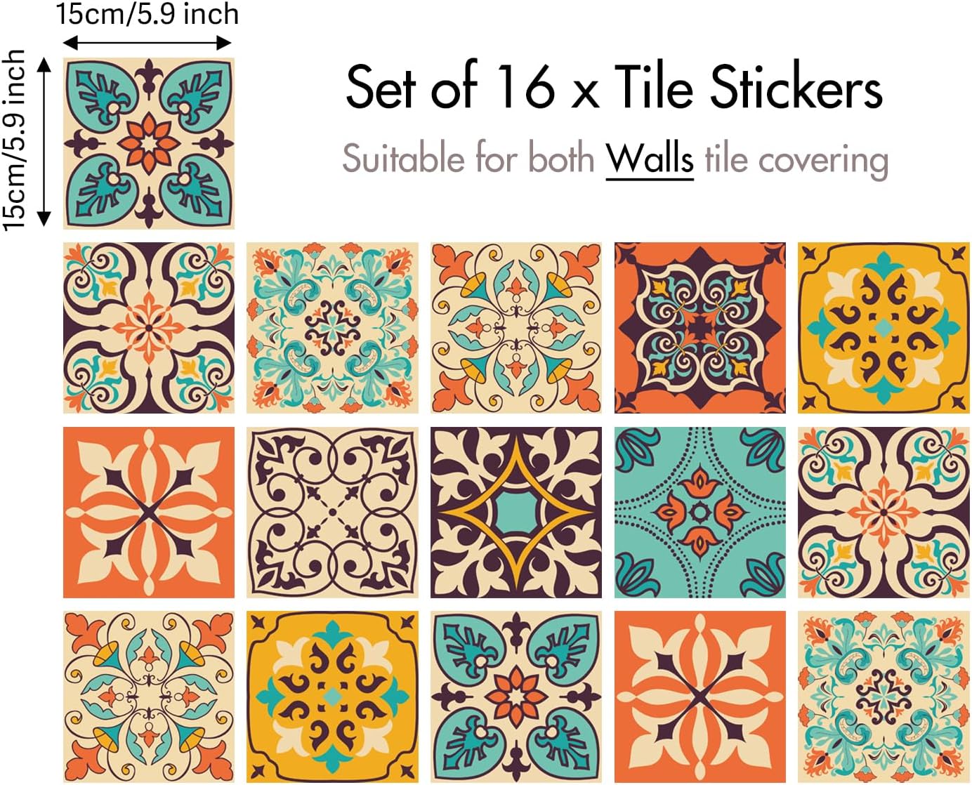 Terracotta and Tile Stickers / Teal / 5.9 Inch / Set of 16