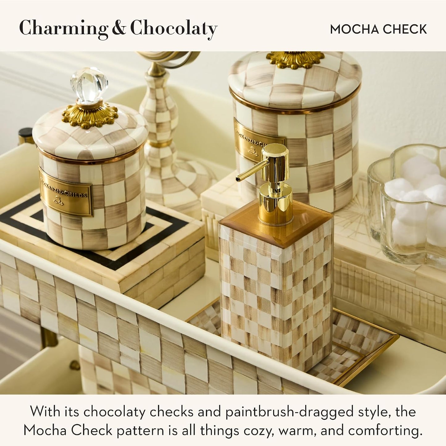 Glass Tray / Decorative Bathroom Counter Tray / Mocha Check / Brown