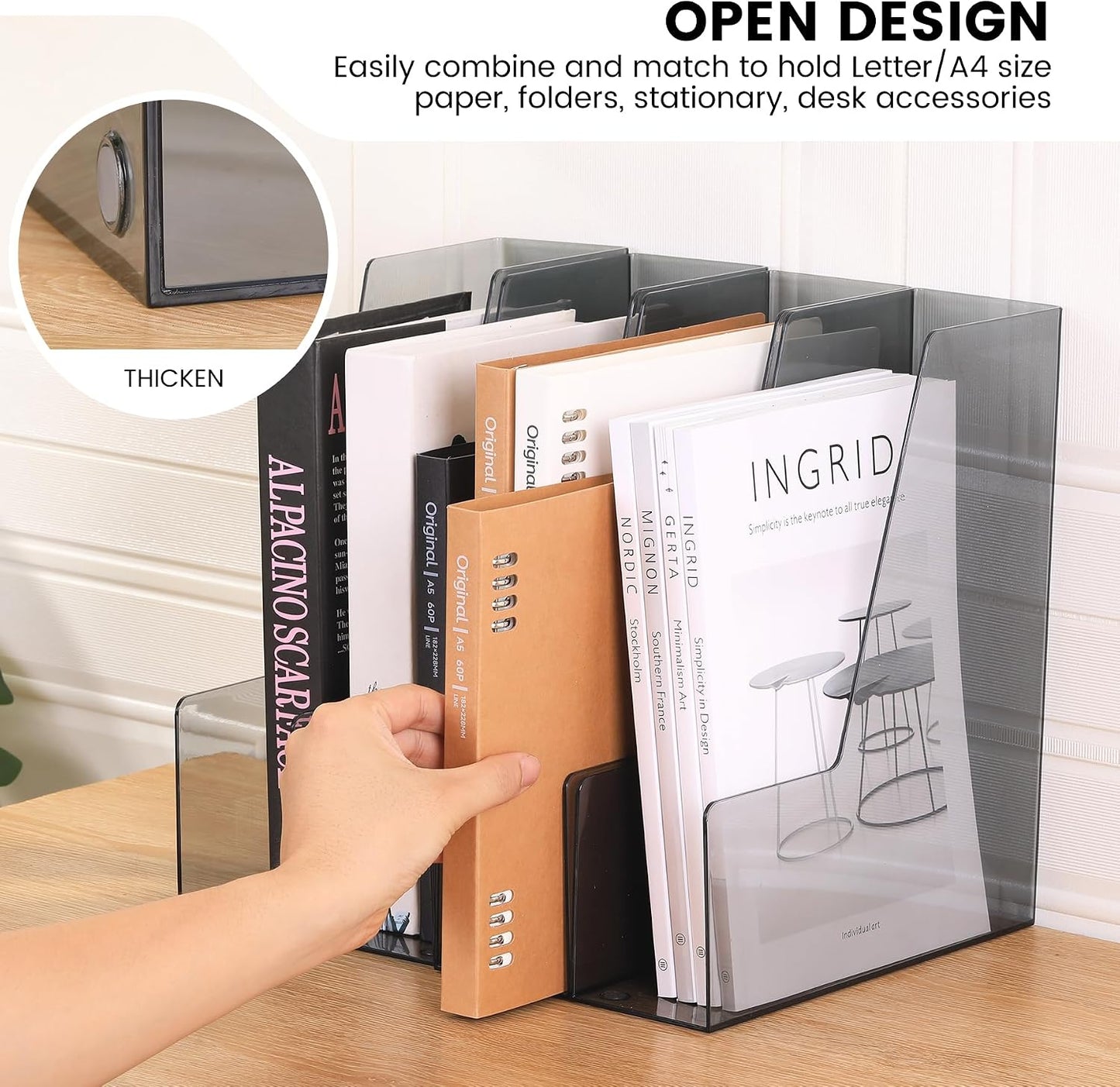 CiWiVOKi Vertical File Holder, PET Desk Organizer and Storage Bins Holding for Magazines, Binders, Notebooks