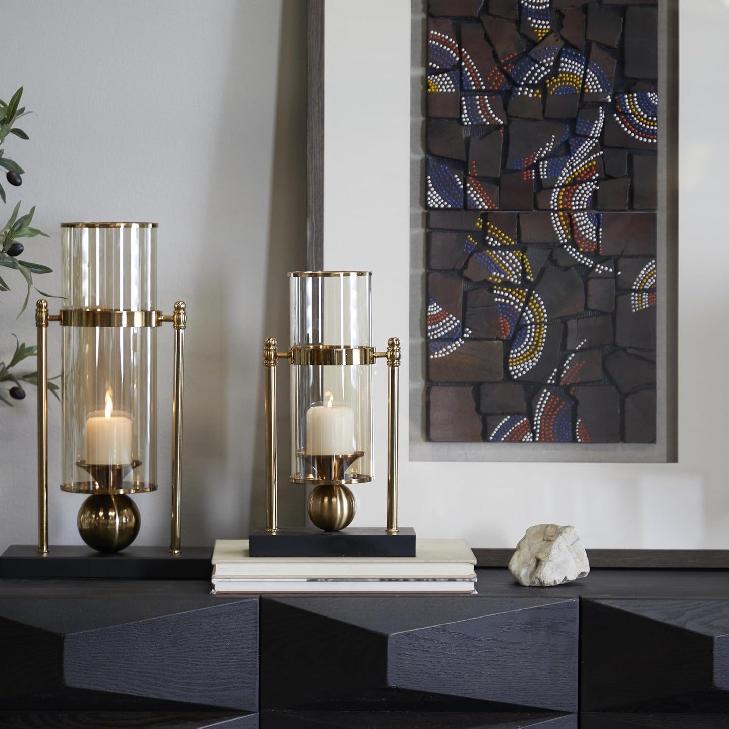 CosmoLiving by Cosmopolitan Metal Pillar Candle Holder with Metal Stand, 8" x 4" x 13", Gold
