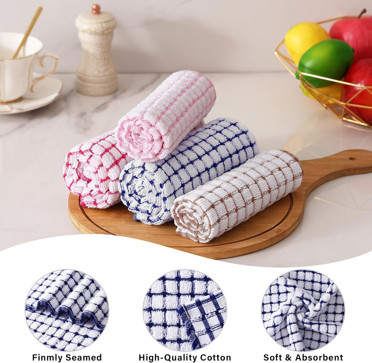 Homaxy Kitchen Towels and Dishcloths Set, Set of 16, Blue/Pink/Red/Brown | Cotton Terry Kitchen Dish Towels, Super Soft