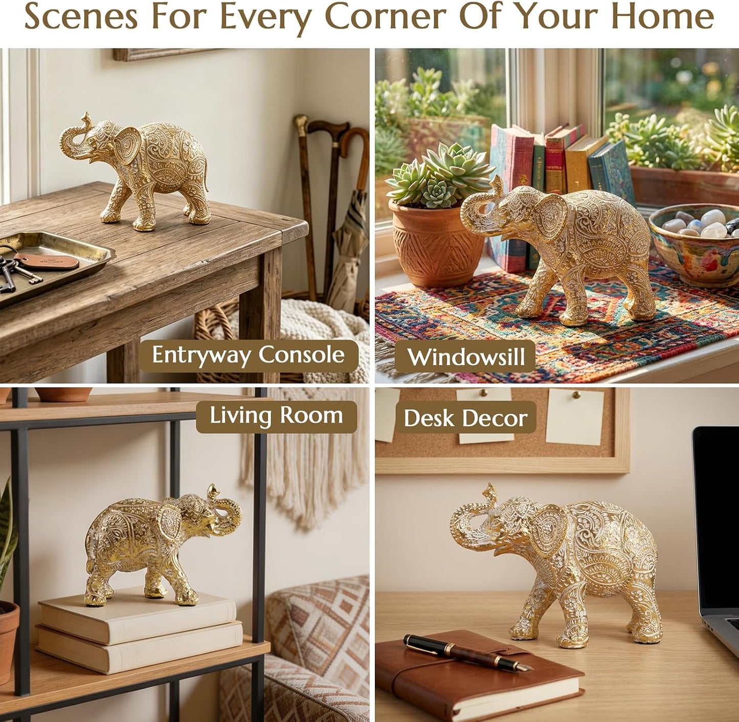 Elephant Statue Boho Home Decor Paisley Filigree Accent / Filigree Gold