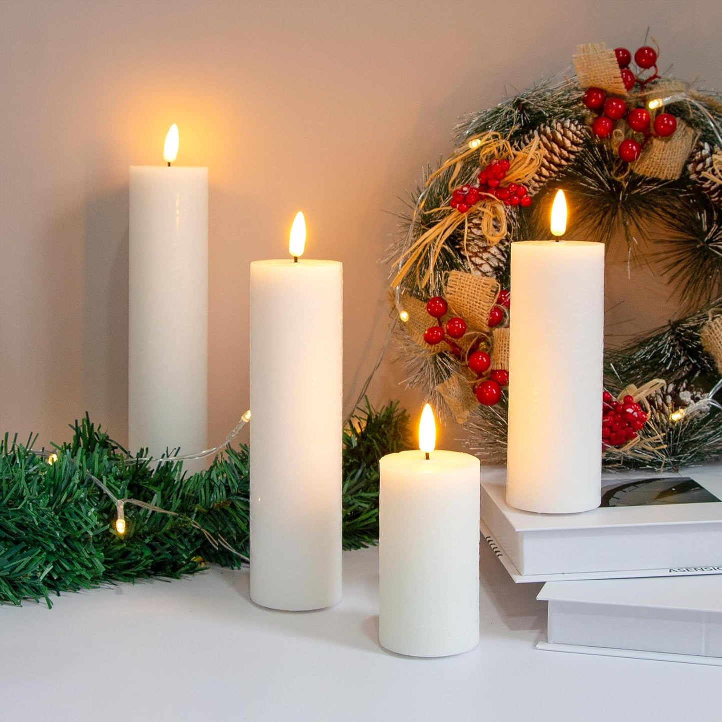 Flickering Flameless Pillar Candles with Remote Control and Cycle Timer,White Pack of 4 Battery Operated(Powered by