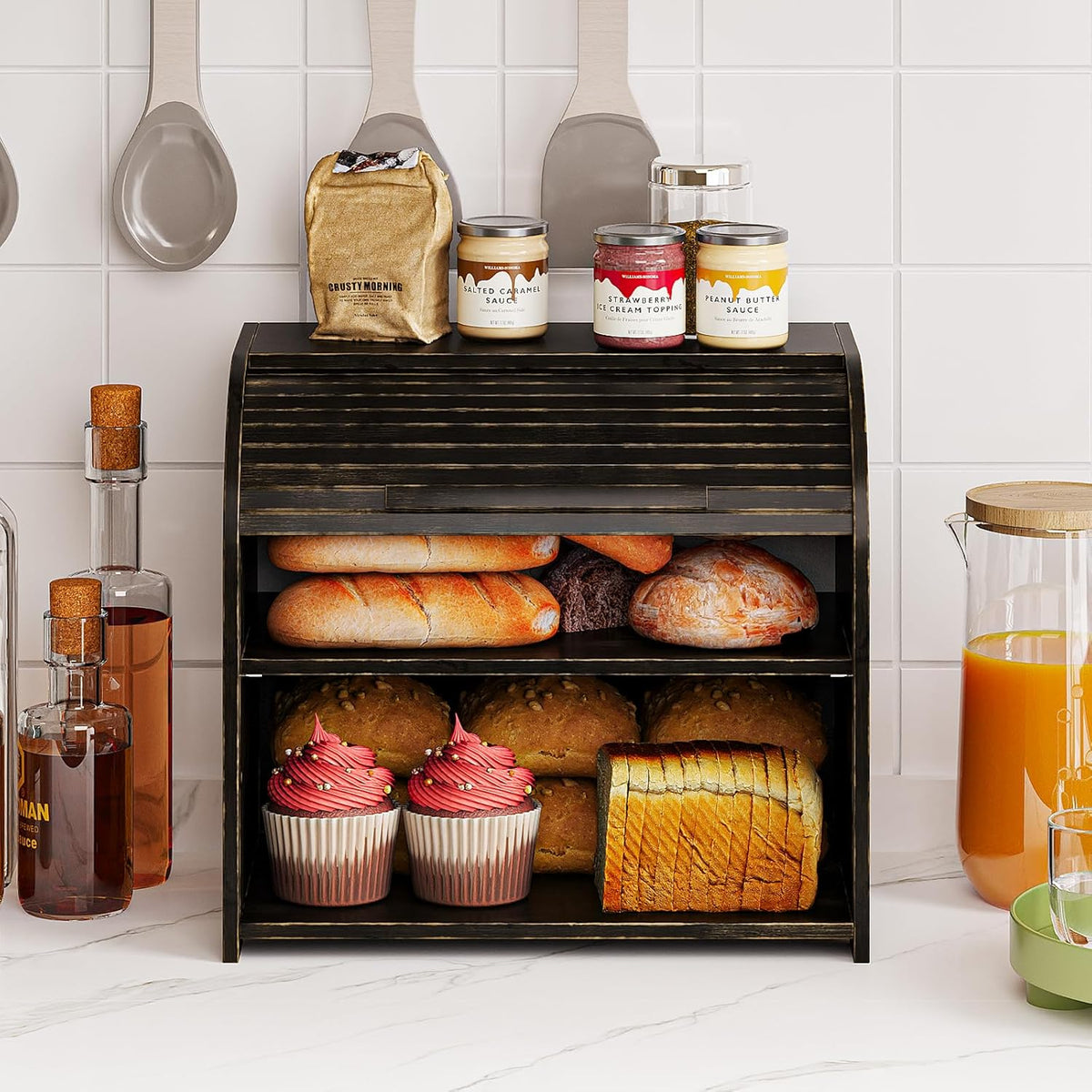 Trironsun Bamboo Roll Top Bread Box for Kitchen Countertop Large Capacity Bread Storage Bin 2 Layer Wooden Bread