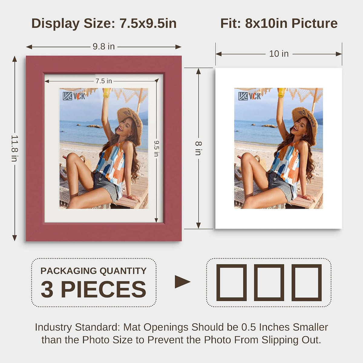 VCK 8x10 Picture Frame Set of 3 - Red, Wide Border Solid Wood Frame, Display Pictures in Horizontal and Vertical, for