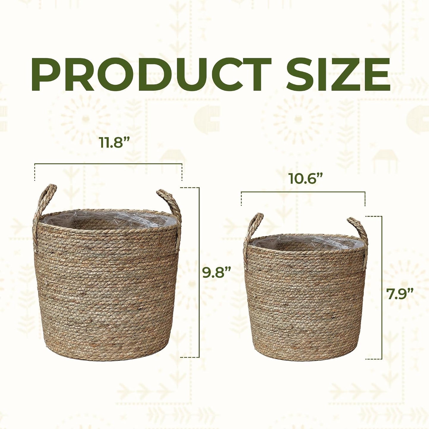 Woven Seagrass Planter Baskets / with Handles / Natural / Set of 2