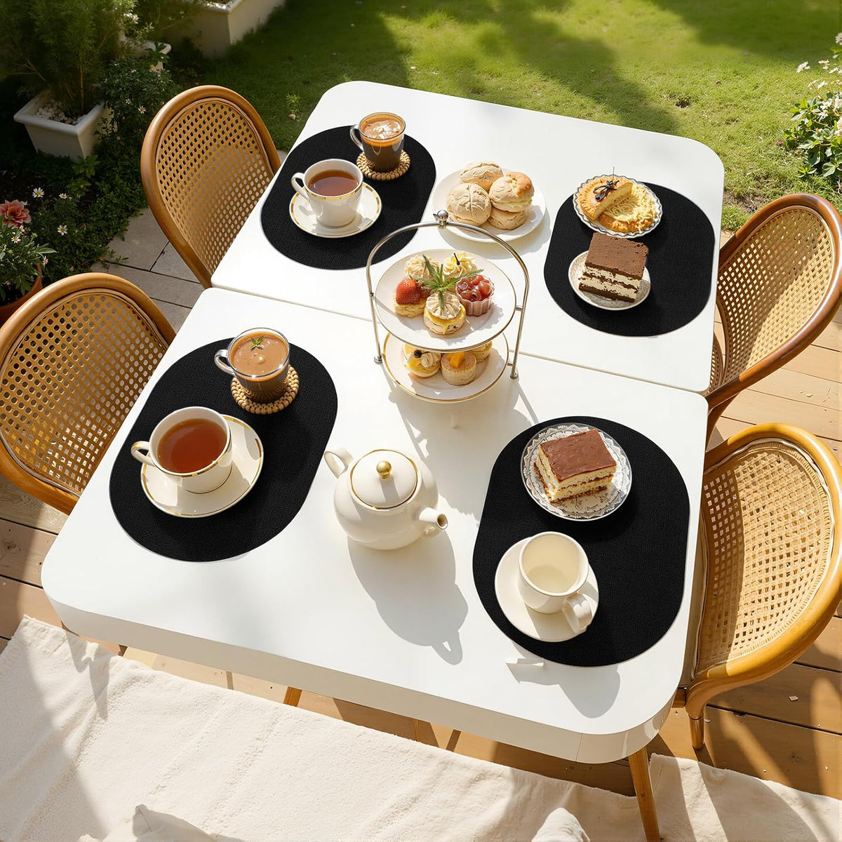 Placemats Set of 8, 11.8 x 17 Inch, Black | Heat Resistant Oval Faux Leather Place Mats, Waterproof Wipeable Reversible