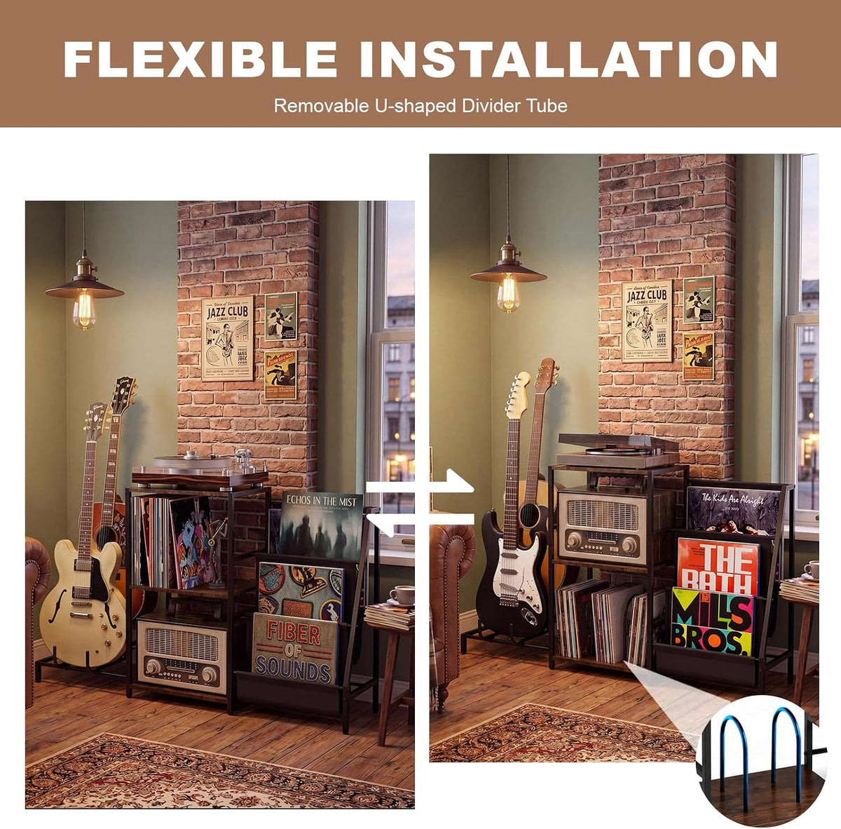 Record Player Stand with Guitar Rack for Acoustic, Electric & Bass Guitars | 3 Tier Vinyl Record Storage Up to 200