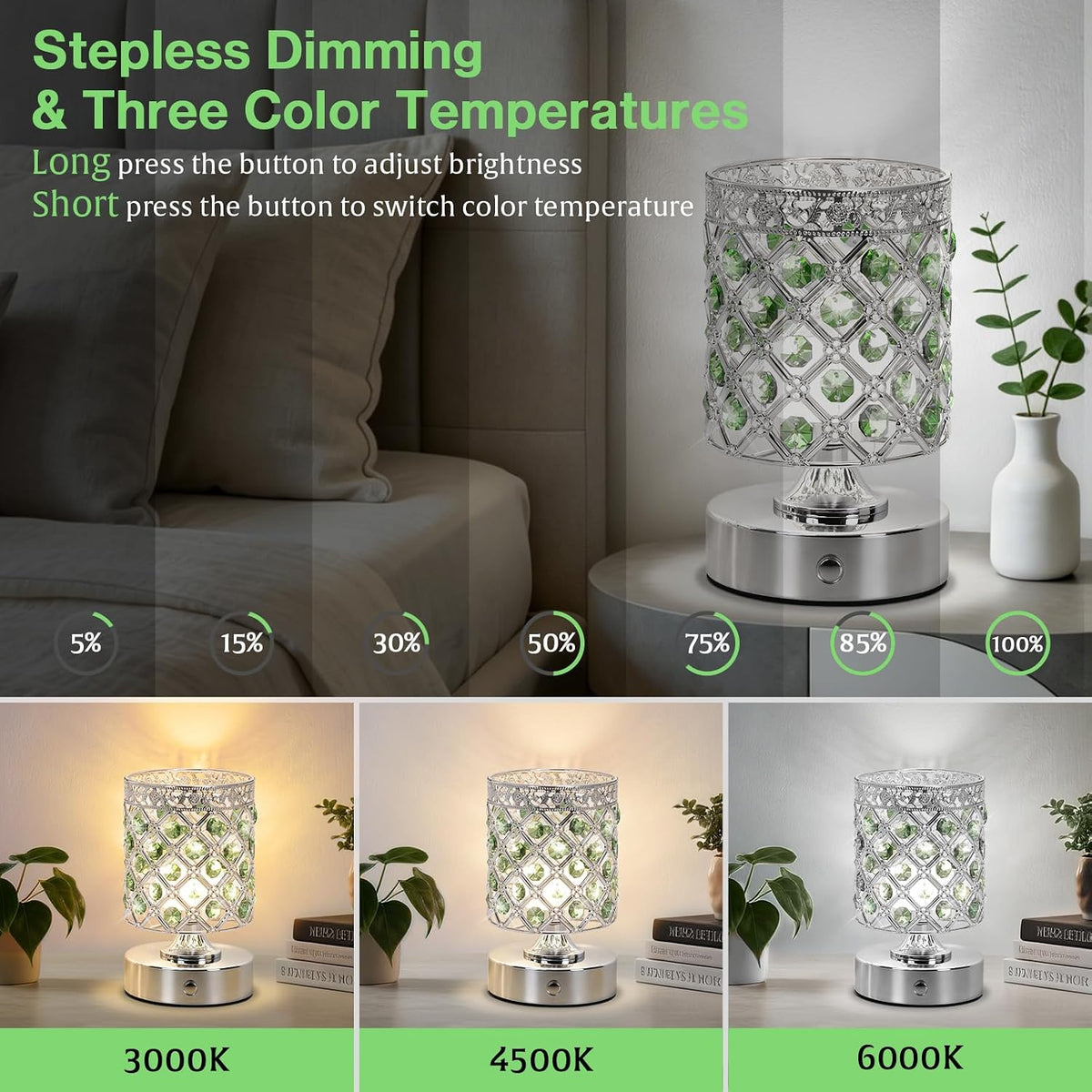 Green Crystal Rechargeable Cordless Table Lamp, Touch Small Desk Lamp | 6000mAh Battery, 3 Color Temps, Stepless