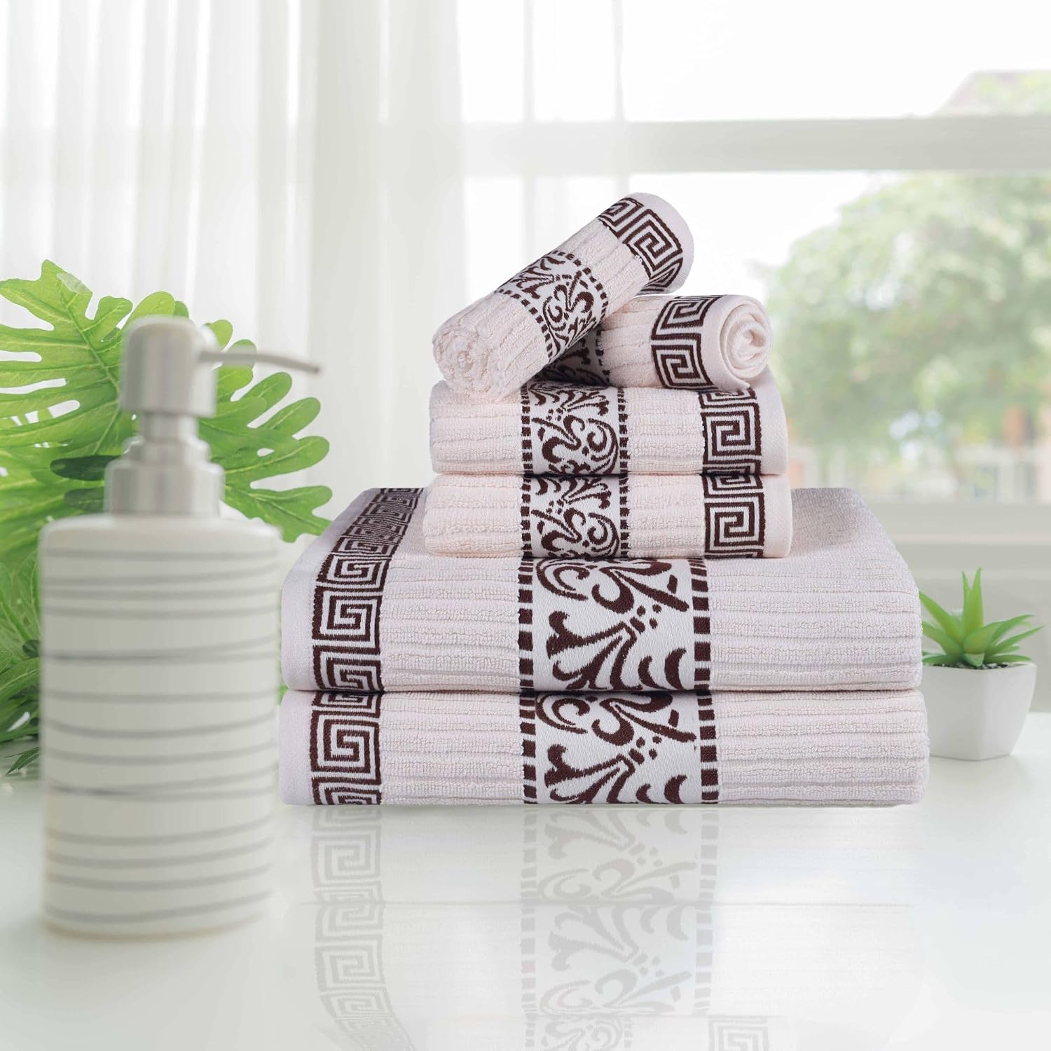 Superior 6-Piece Cotton Towel Set, Decorative Greek Pattern, Home Essentials, Absorbent Towels, Bath Decor, Spa