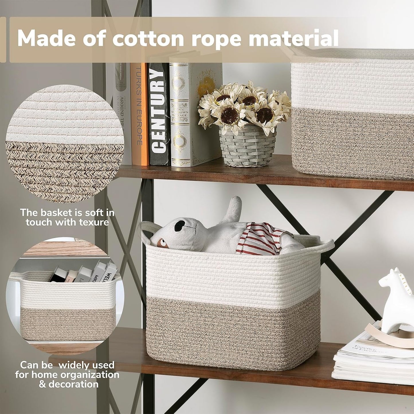 Woven Storage Baskets for Organizing / Light Brown / 13"L x 10"W x 9"H