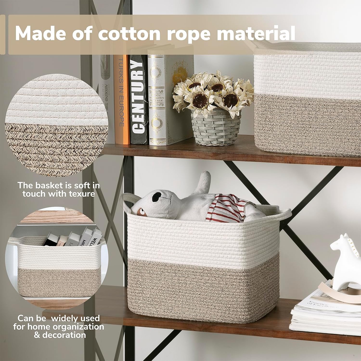 Woven Storage Baskets for Organizing / Light Brown / 13"L x 10"W x 9"H
