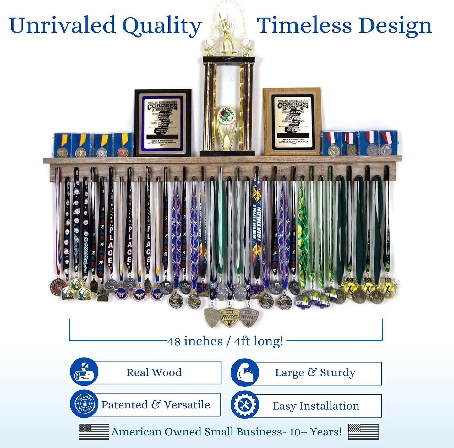4ft- Premier Medal Hanger Display Rack and Trophy Shelf for Gymnastics, Soccer, Basketball, Football, and More. The