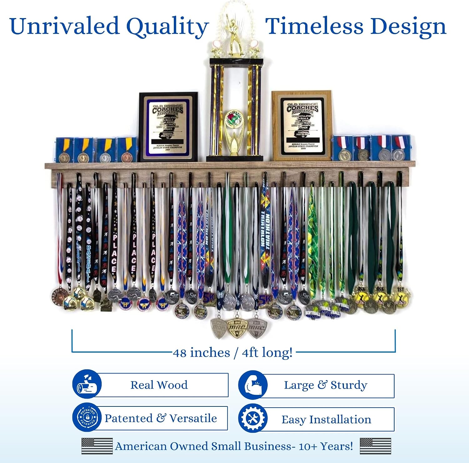 4ft- Premier Medal Hanger Display Rack and Trophy Shelf for Gymnastics, Soccer, Basketball, Football, and More. The
