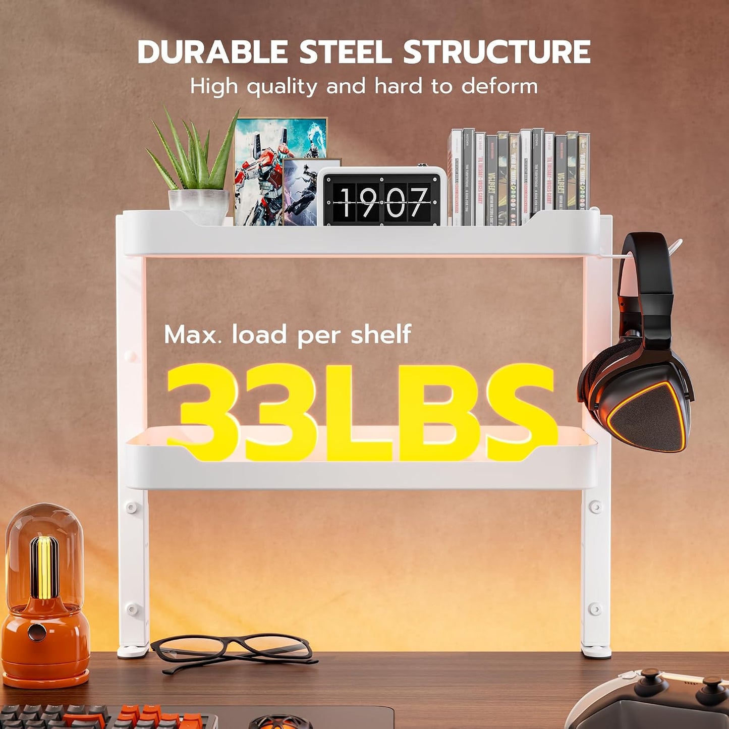 ARES WING 2-Tier 16 inch Clamp On Desk Shelf, Above or Under Desk Storage | Adjustable Desktop Organizer Shlef Holds 66