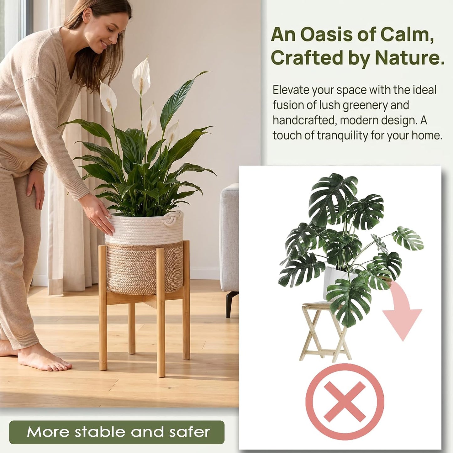 Flower Pot Rattan Plant Stand Planter with Stand, Tall Indoor Boho Woven Wicker Storage Basket with Adjustable Wood