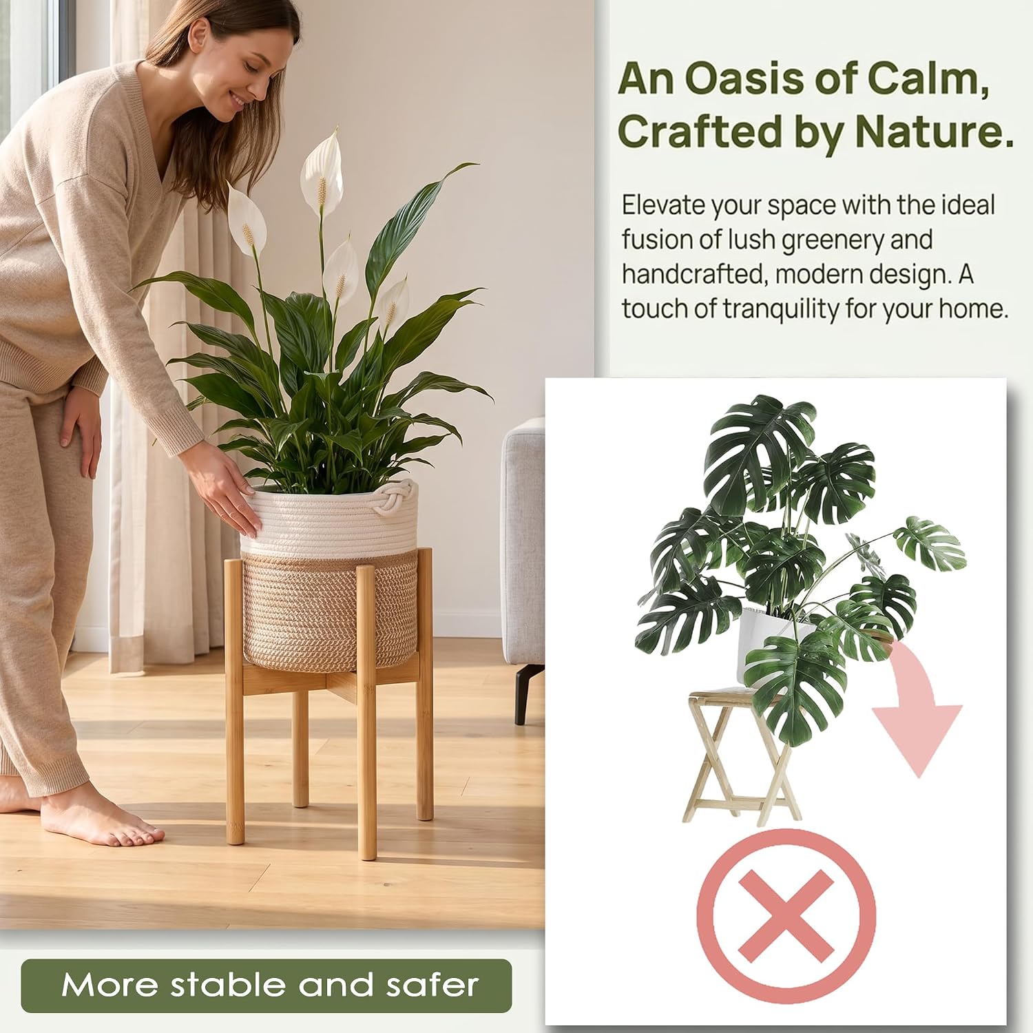 Flower Pot Rattan Plant Stand Planter with Stand, Tall Indoor Boho Woven Wicker Storage Basket with Adjustable Wood