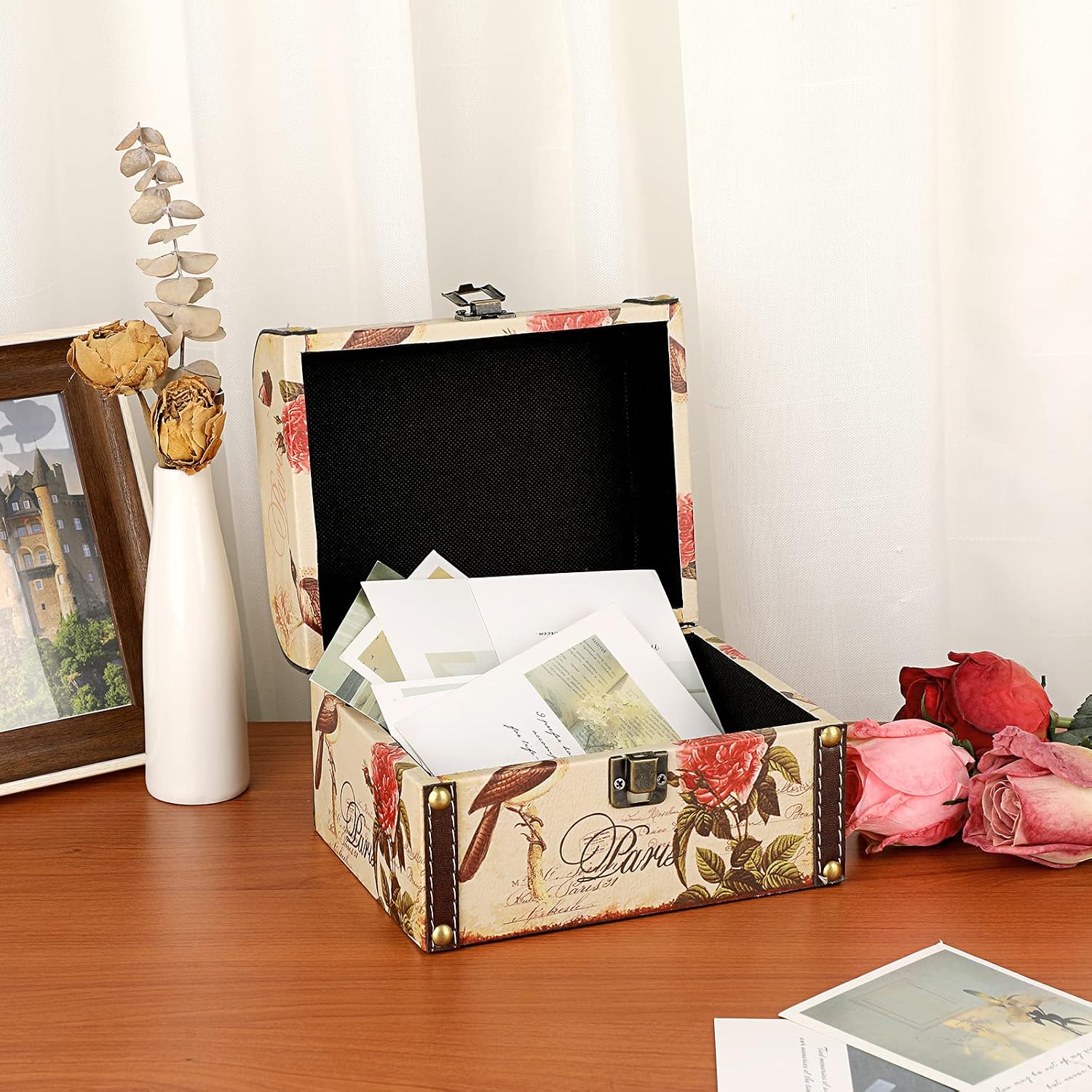Wooden + PU Leather Storage Box for Jewelry Trinkets / Bird + Flower Pattern