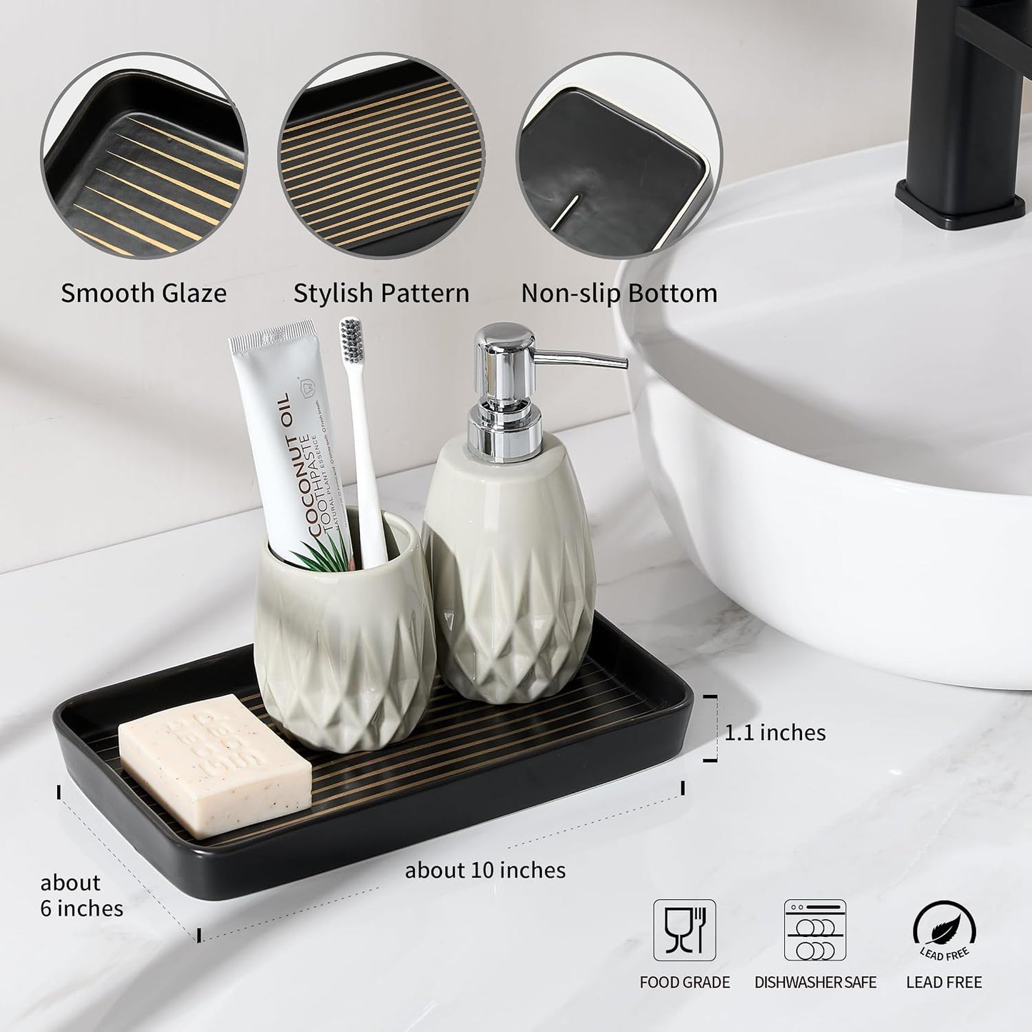Black Bathroom Vanity Tray for Countertop / Black Color with Golden Stripes-1 Pc / 10 x 6 x 1