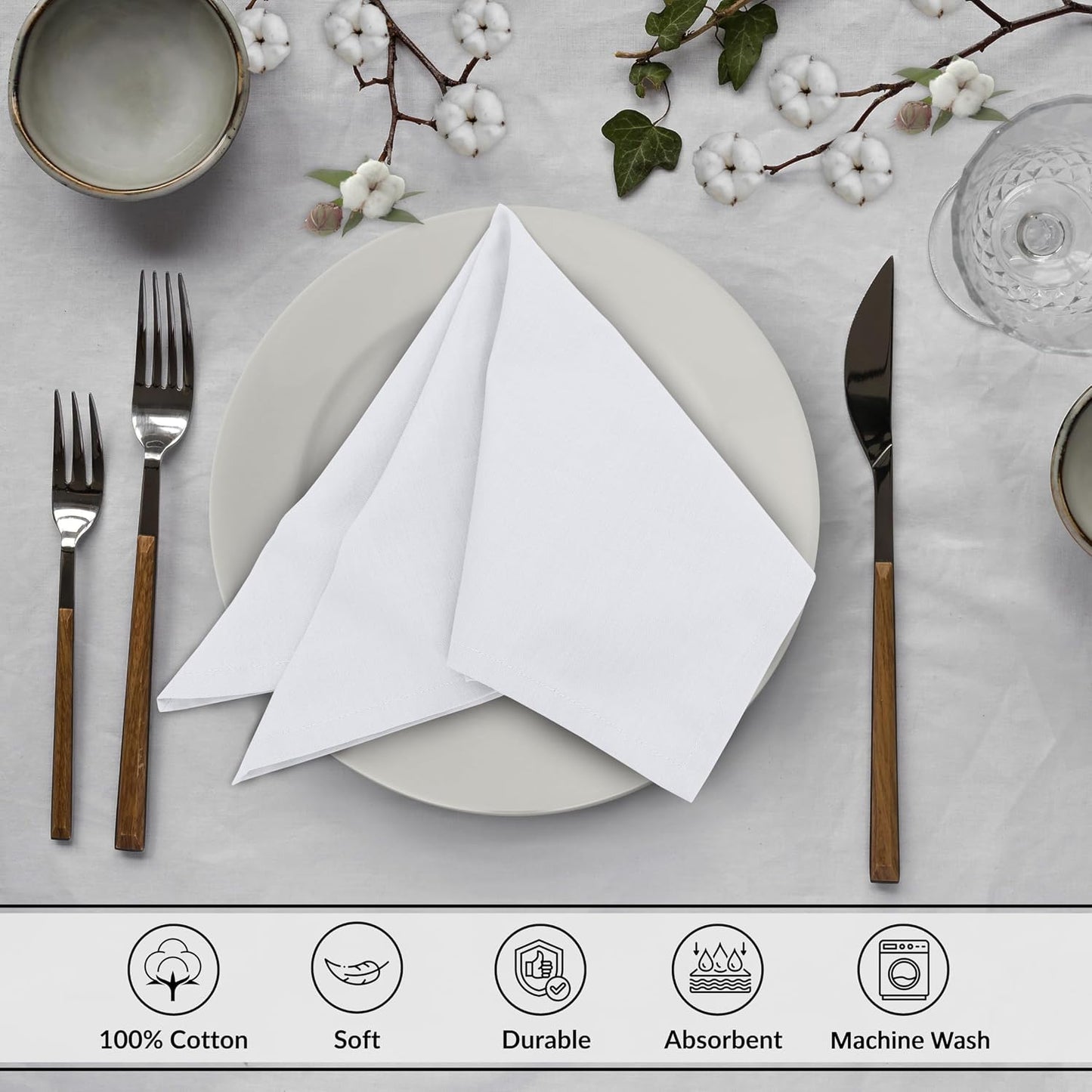 Ruvanti Cloth Napkins Set of 12, 100% Cotton 18”x18” - White | Washable, Soft, Durable & Absorbent Everyday Napkins.