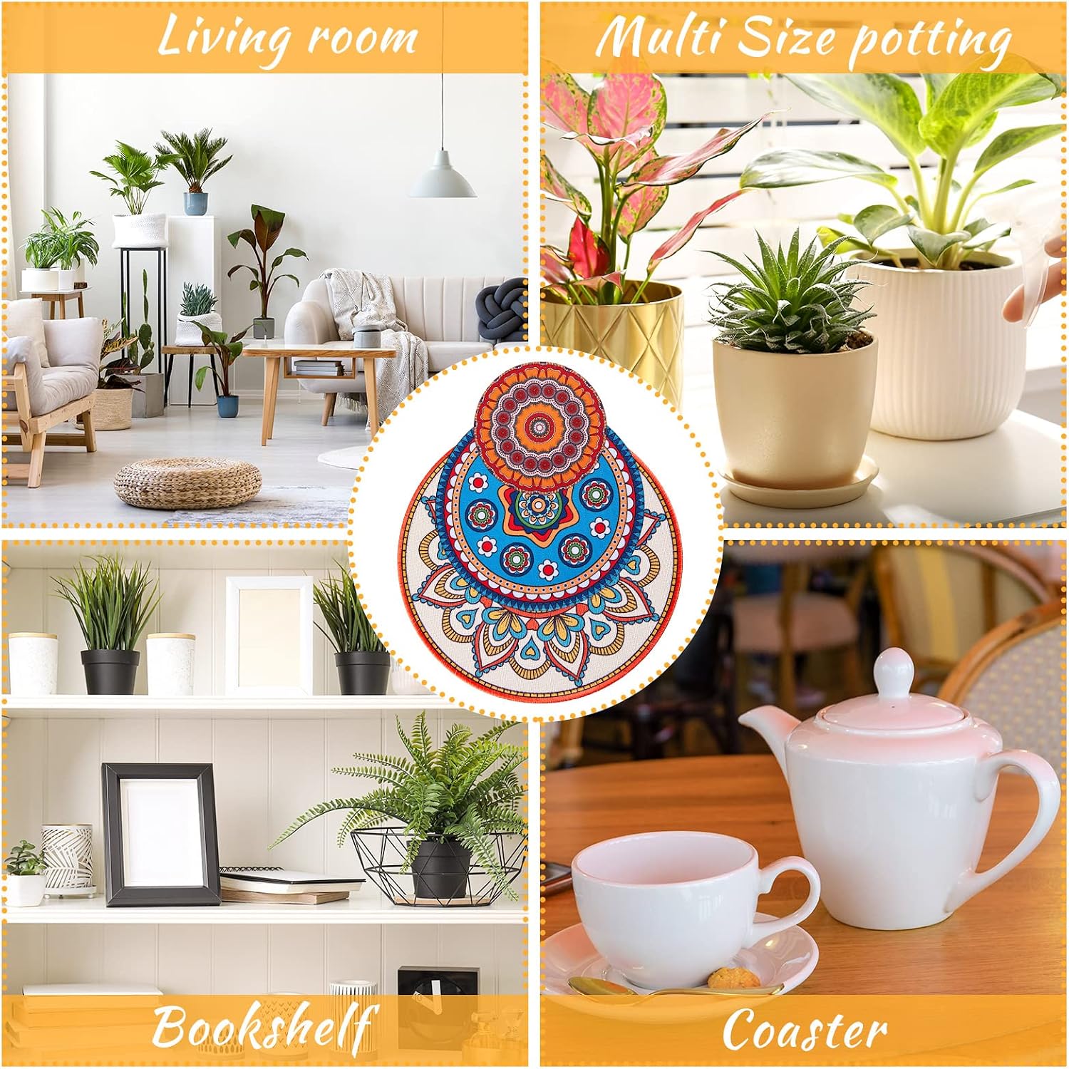 Boho Plant Coasters 3 Size 3.94" 5.9" 7.87" Rubber / Classic / 4 Inch, 6 Inch, 8 Inch / Set of 6