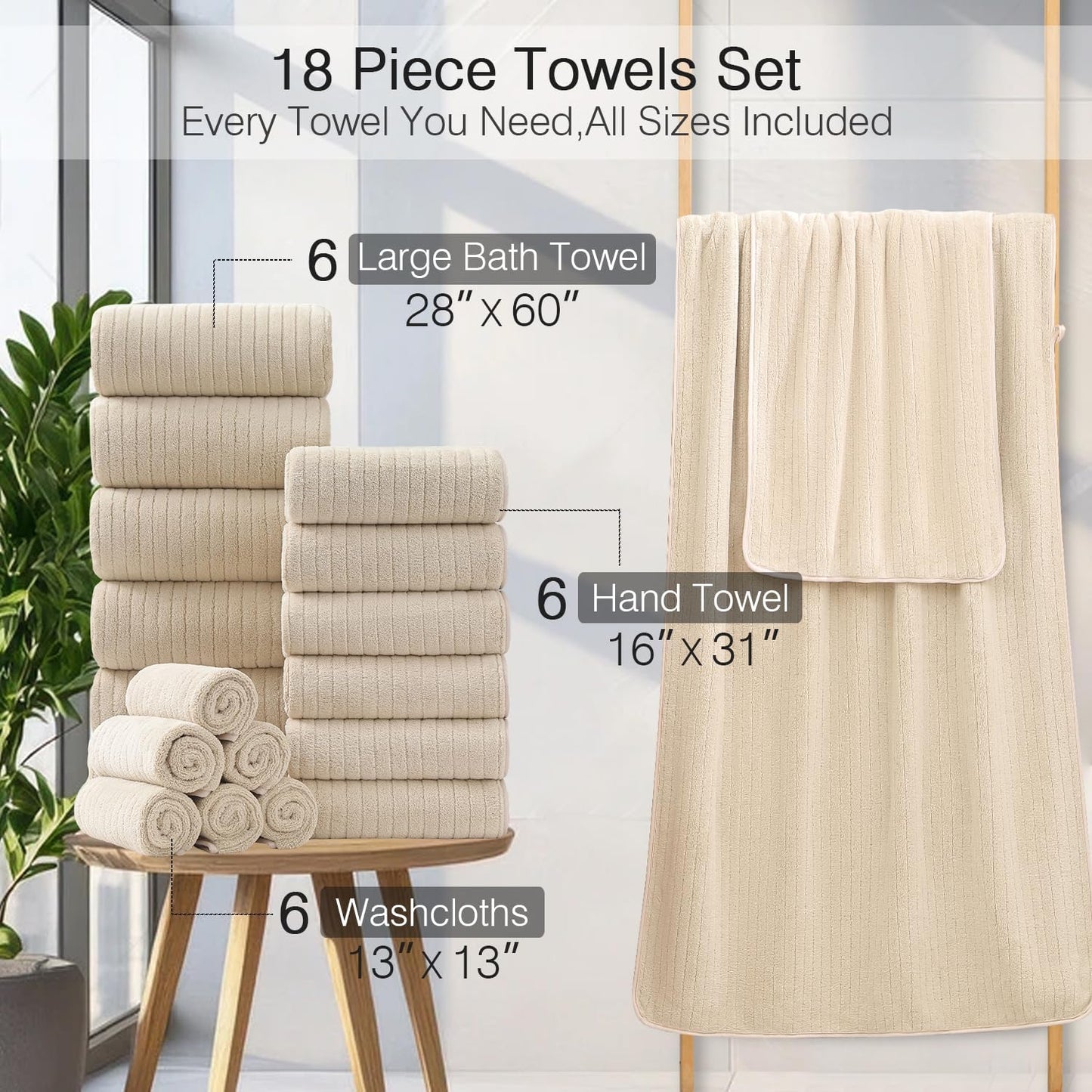 18 Piece Family Bath Towel Set Include 6 Bath Towels,6 Hand Towels and 6 Washcloths Soft Bathroom Towel with Hanging