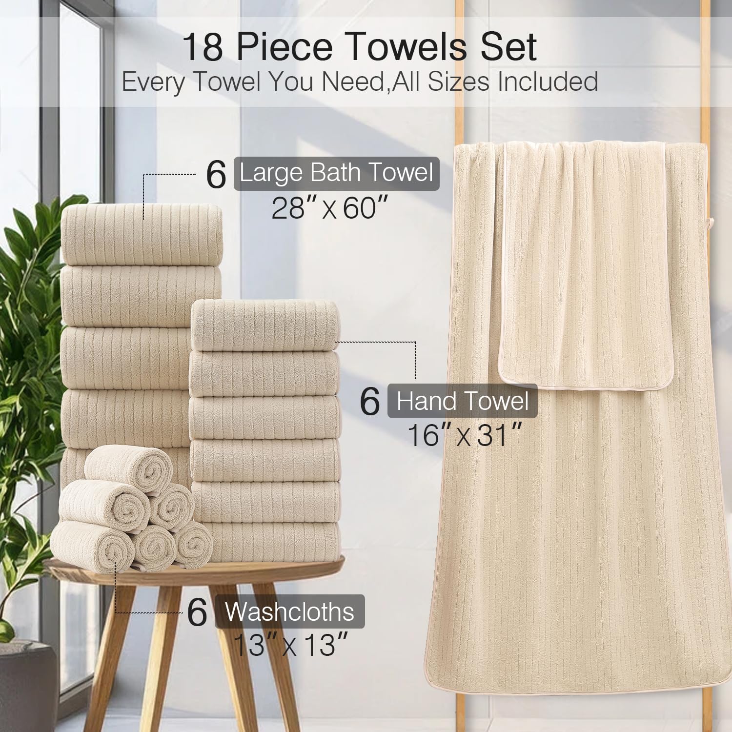 18 Piece Family Bath Towel Set Include 6 Bath Towels,6 Hand Towels and 6 Washcloths Soft Bathroom Towel with Hanging