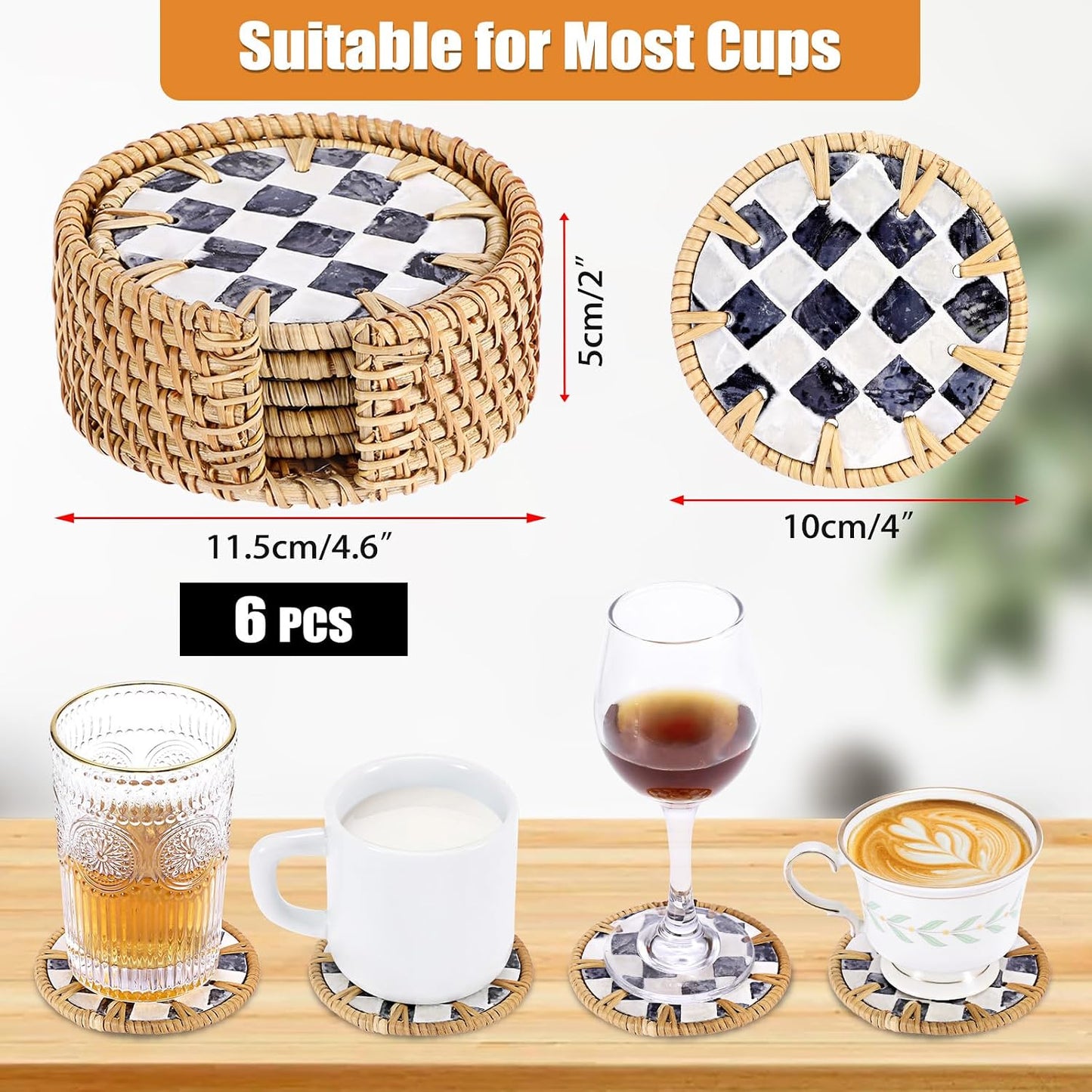 Holder / Boho Coastal Coasters / Checkered Pattern / Set of 6