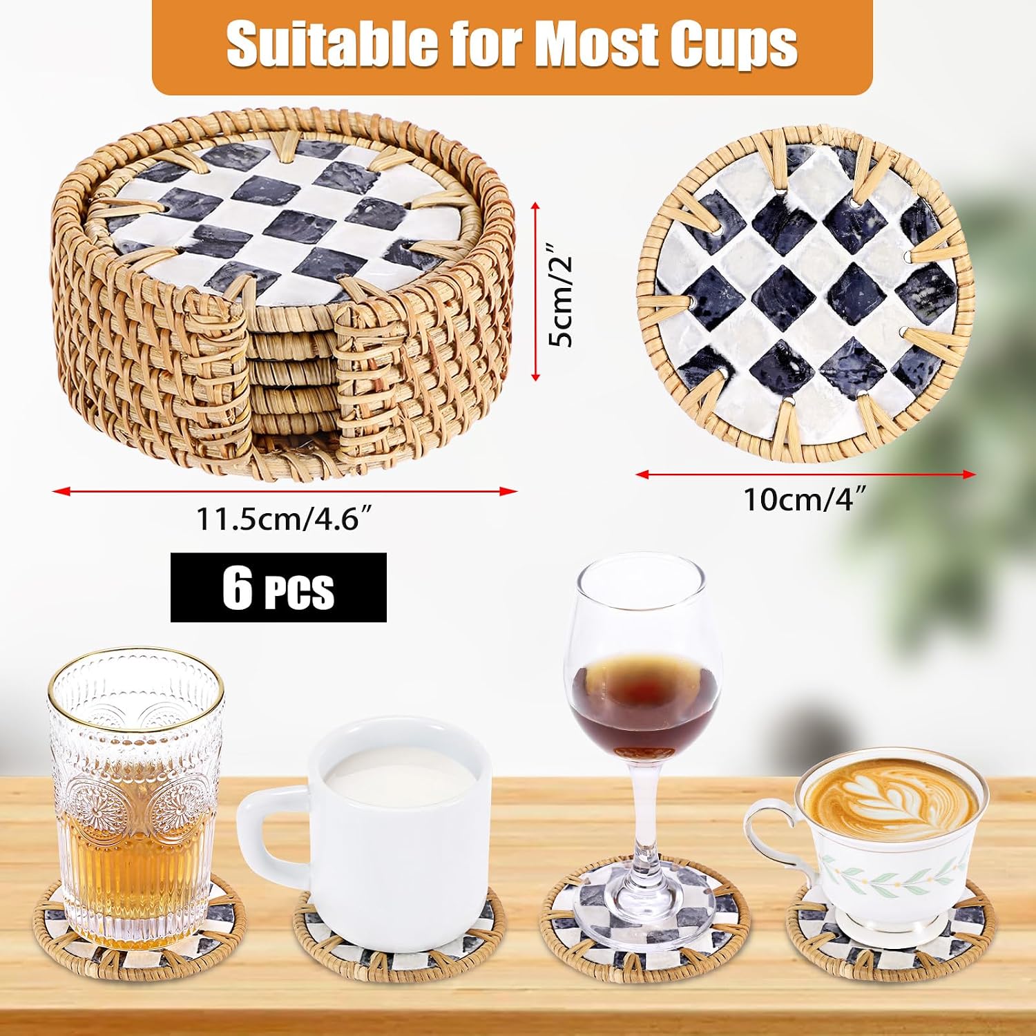 Holder / Boho Coastal Coasters / Checkered Pattern / Set of 6