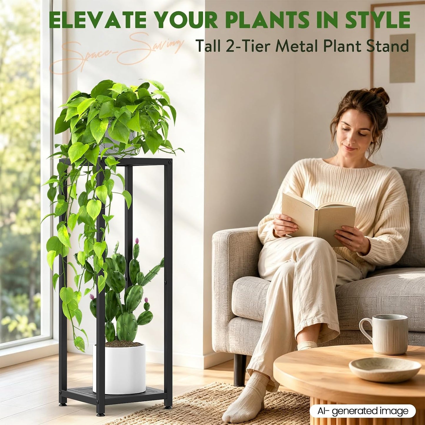 TOSKING 2-Tier Tall Plant Stand Indoor, 30-Inch Modern Metal Shelf, Black | Heavy-Duty Design, Corner Flower Shelf